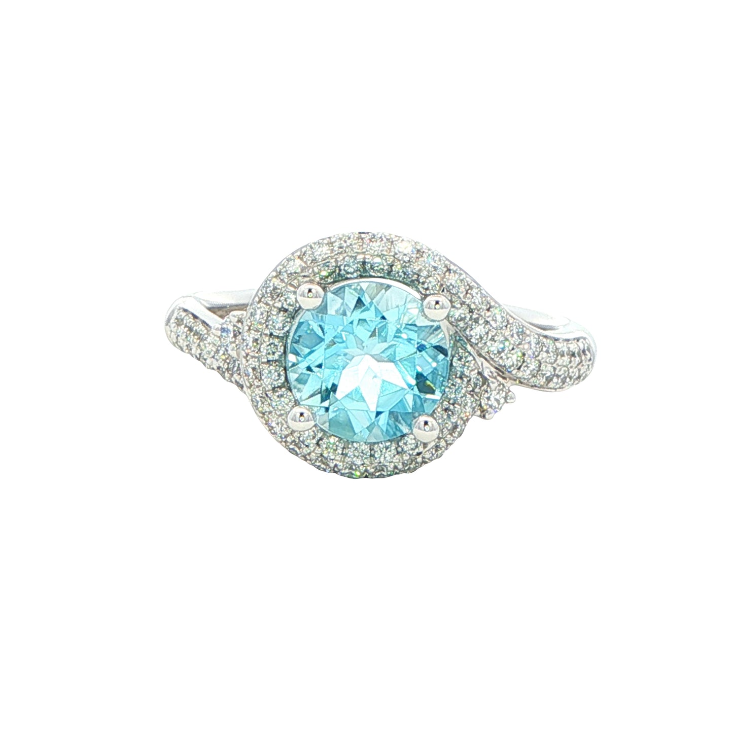 Aquamarine and round brilliant cut diamond halo cluster ring
