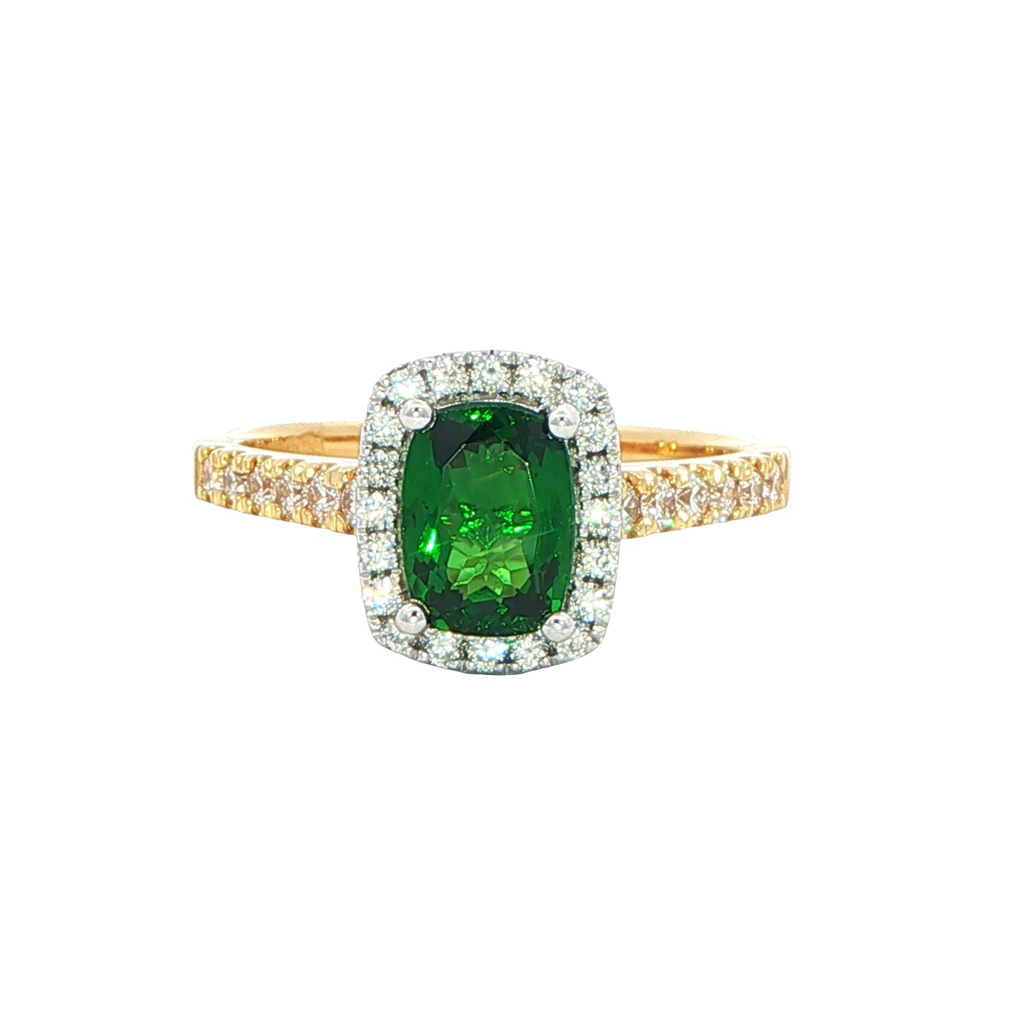 Tsavorite Garnet and round brilliant cut diamond halo cluster ring