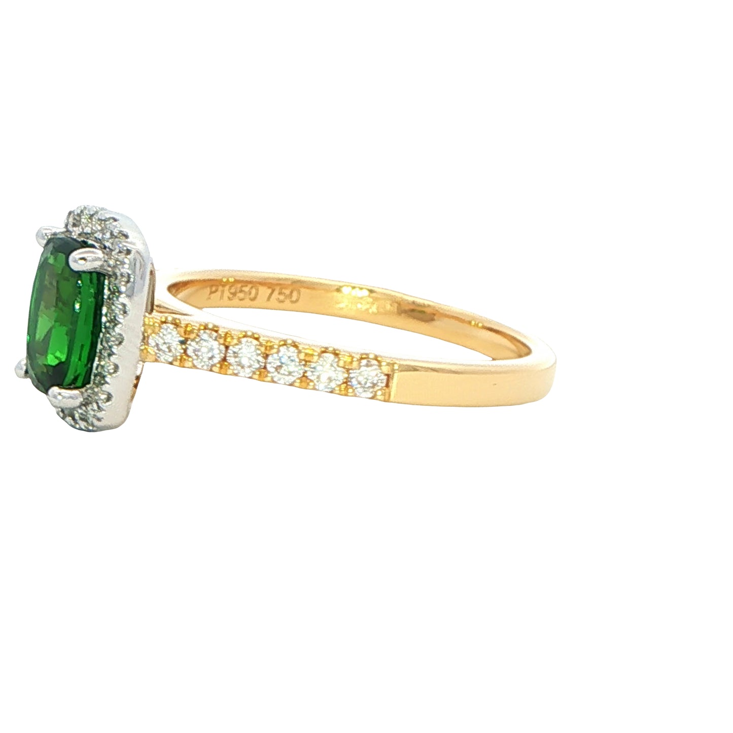 Tsavorite Garnet and round brilliant cut diamond halo cluster ring
