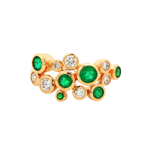 Round Emerald and round brilliant cut diamond bubble style ring