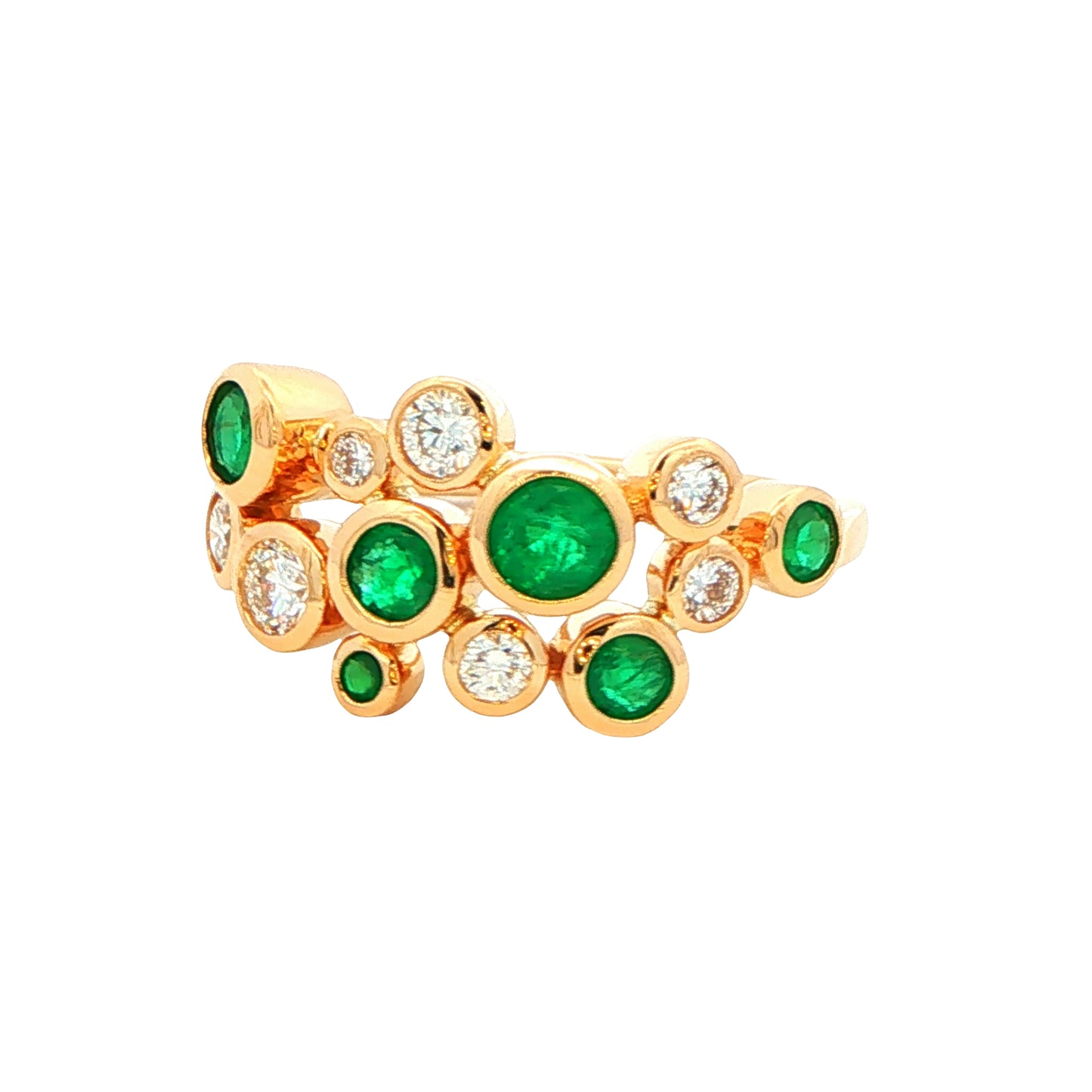 Round Emerald and round brilliant cut diamond bubble style ring