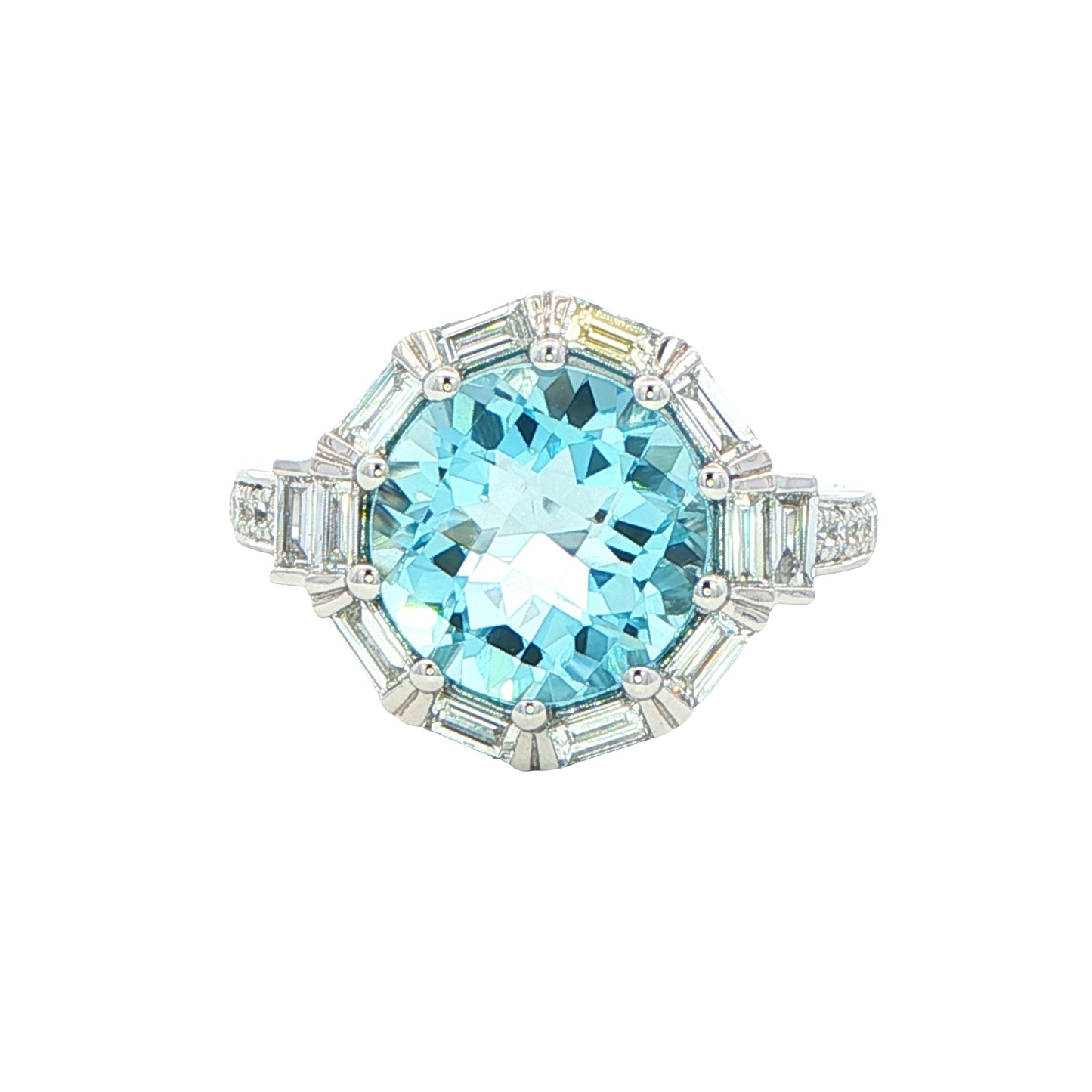 Aquamarine with baguette and round brilliant cut diamonds halo cluster ring Gardiner Brothers