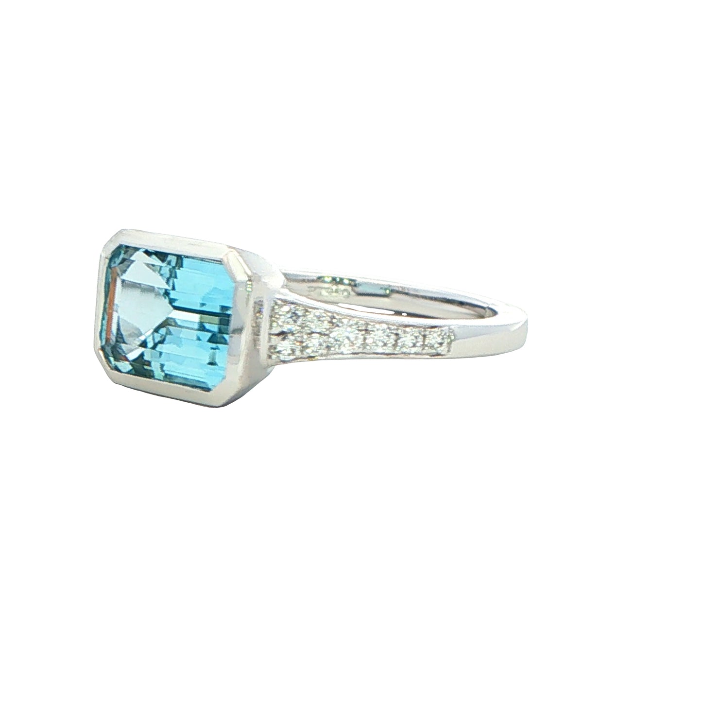 Octagonal shaped Aquamarine Ring with diamond set shoulders