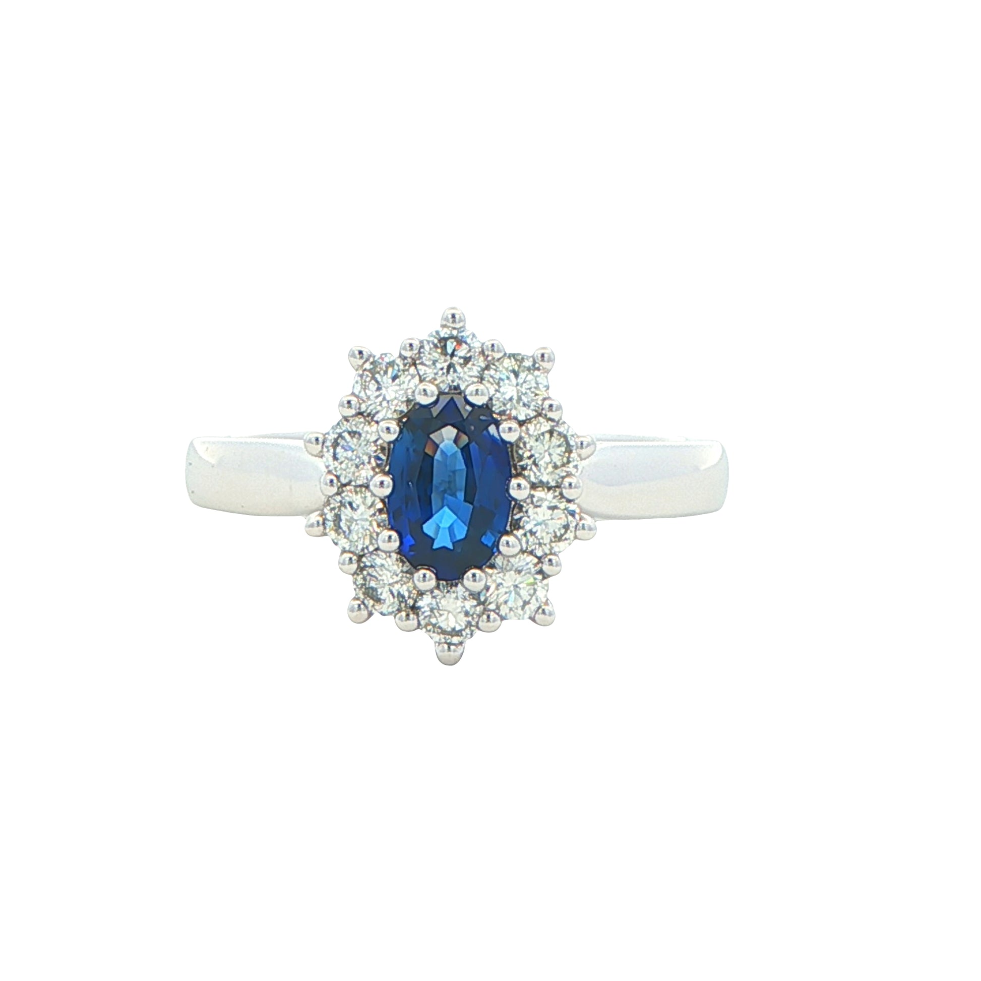 Oval Sapphire and round brilliant cut diamond cluster ring Gardiner Brothers