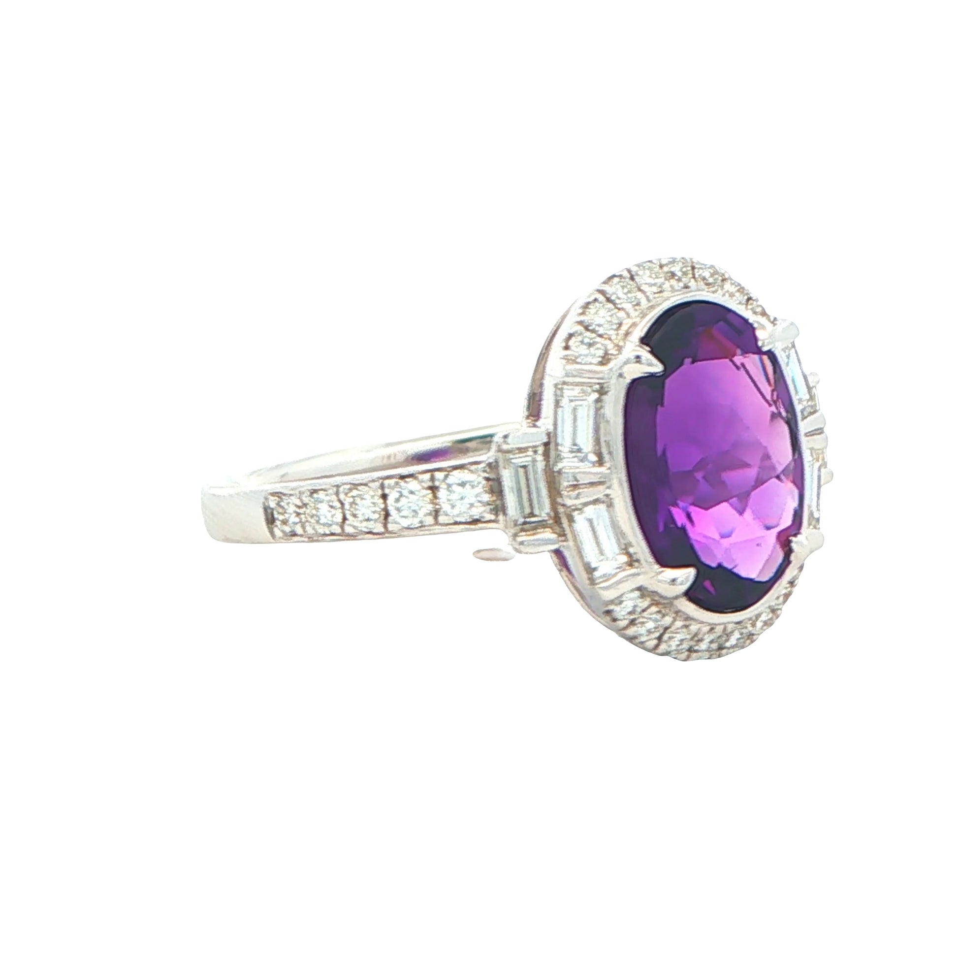 Oval Amethyst and Round Brilliant and Baguette Cut Diamond Cluster Ring Gardiner Brothers