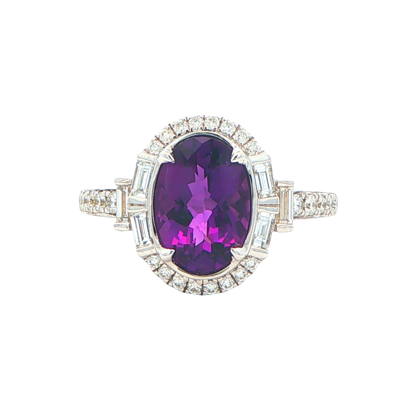 Oval Amethyst and Round Brilliant and Baguette Cut Diamond Cluster Ring Gardiner Brothers