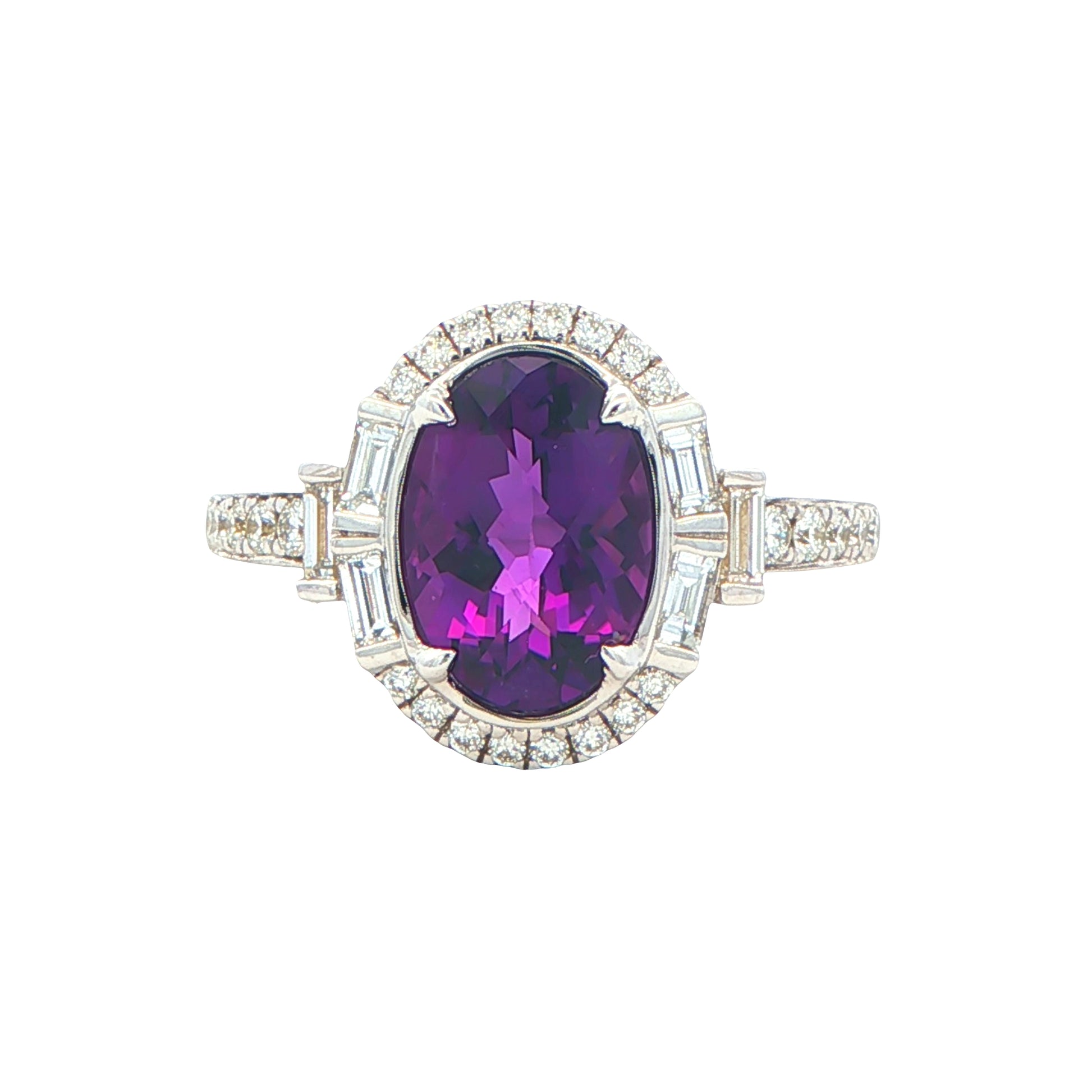 Oval Amethyst and Round Brilliant and Baguette Cut Diamond Cluster Ring Gardiner Brothers