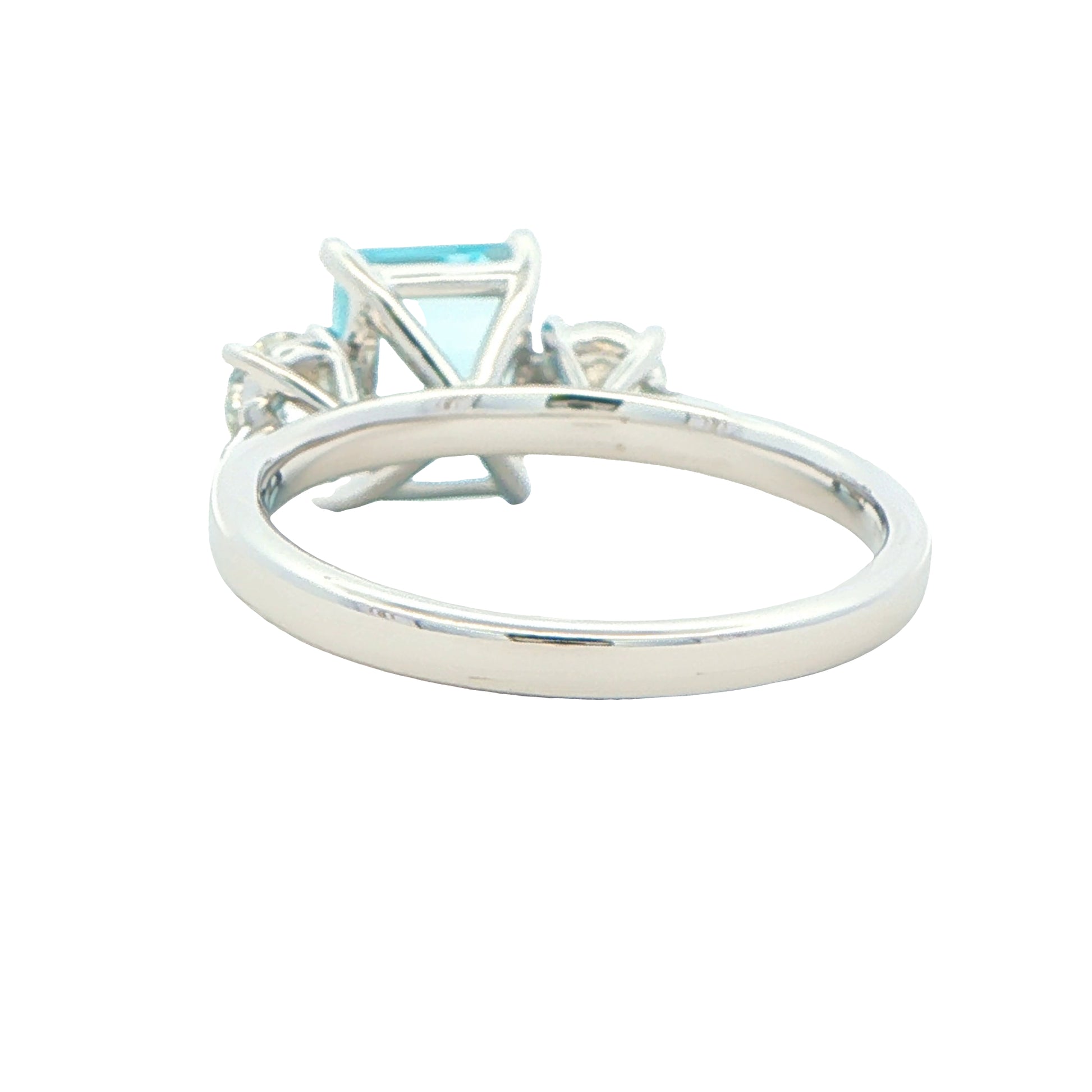 Octagonal shaped aquamarine and round brilliant cut diamond 3 stone ring Gardiner Brothers