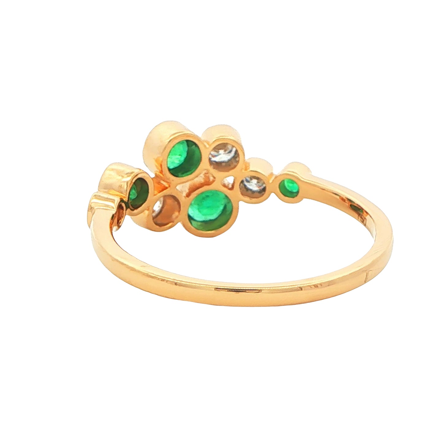 Round Emerald and round brilliant cut diamond bubble style ring Gardiner Brothers