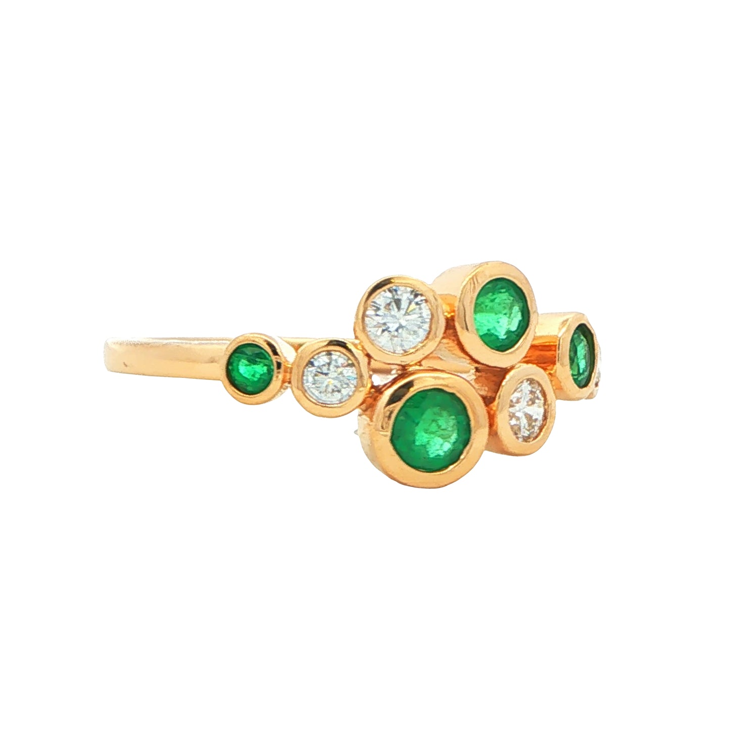 Round Emerald and round brilliant cut diamond bubble style ring Gardiner Brothers