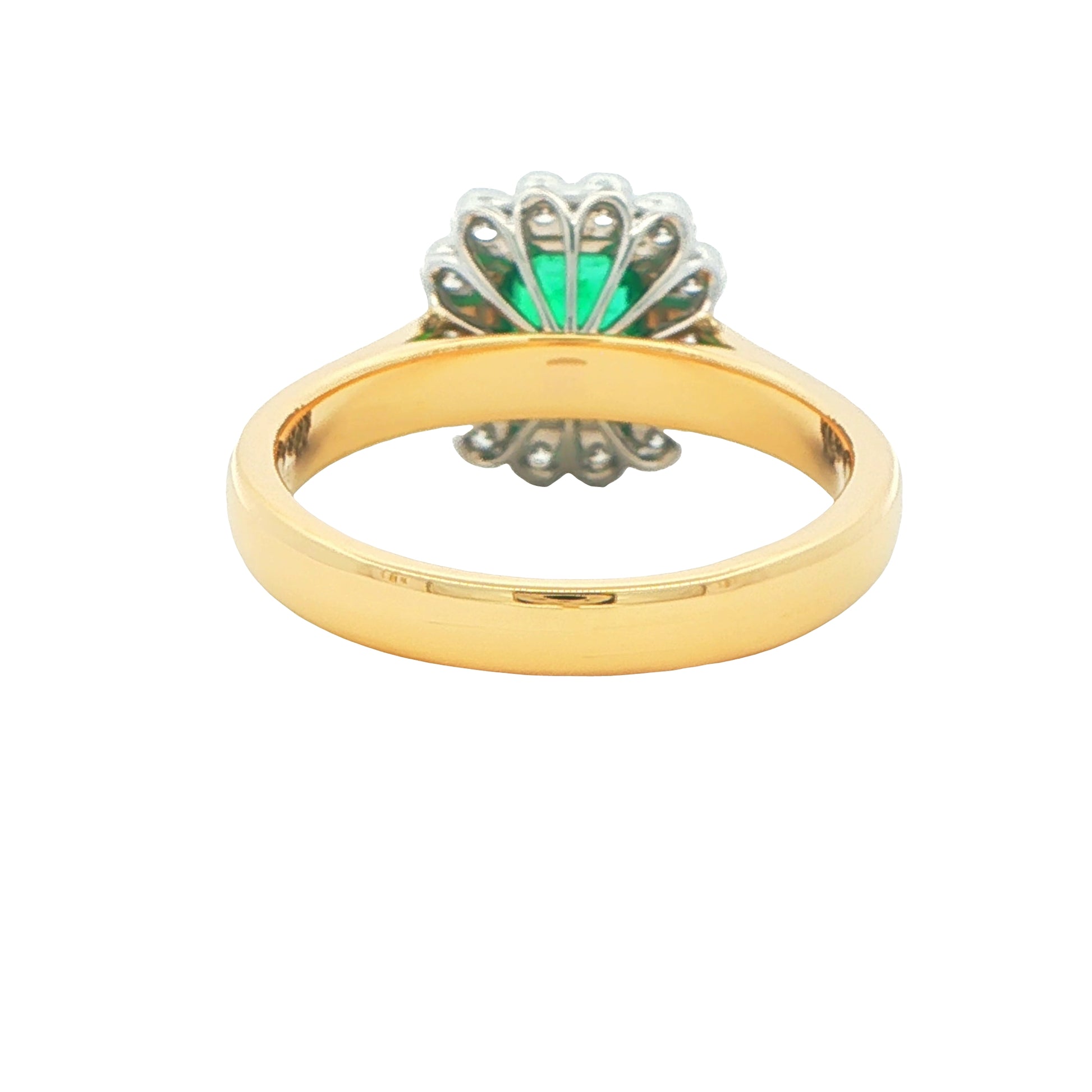 Octagonal Emerald and round brilliant cut diamond vintage cluster style ring Gardiner Brothers