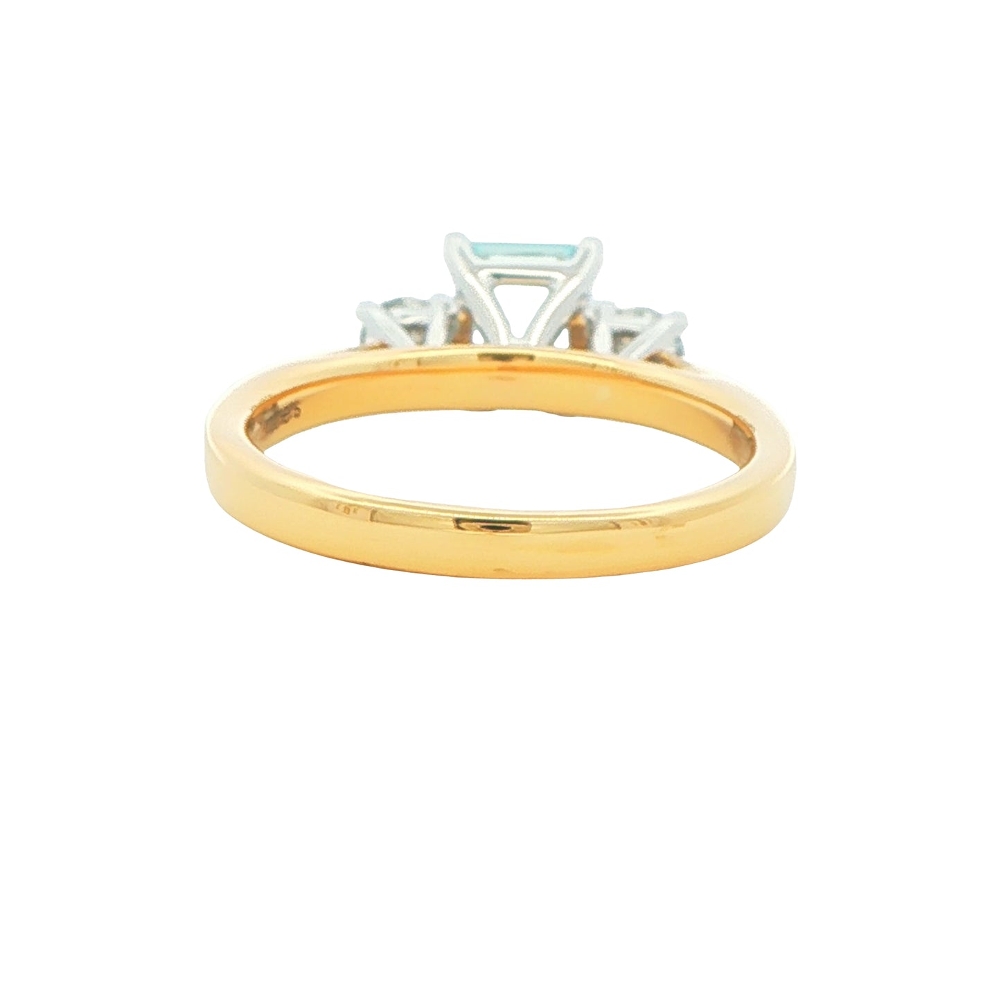 Octagonal Aquamarine and round brilliant cut diamond 3 stone ring