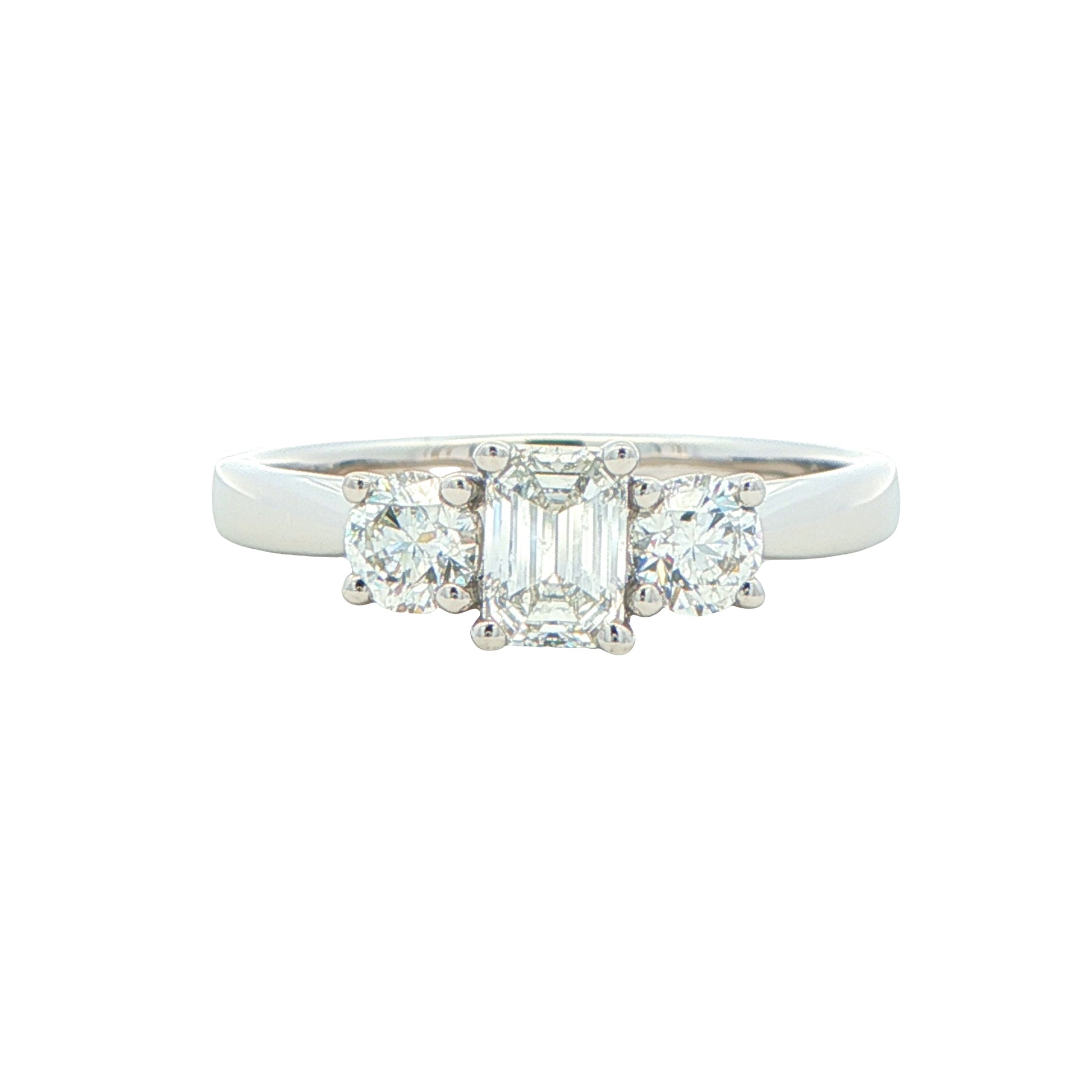 Platinum Emerald and round brilliant cut diamond 3 stone ring - 1.00cts Gardiner Brothers
