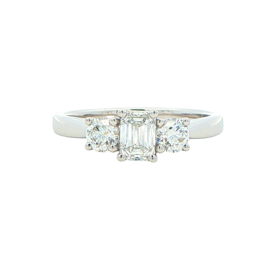 Platinum Emerald and round brilliant cut diamond 3 stone ring - 1.00cts Gardiner Brothers