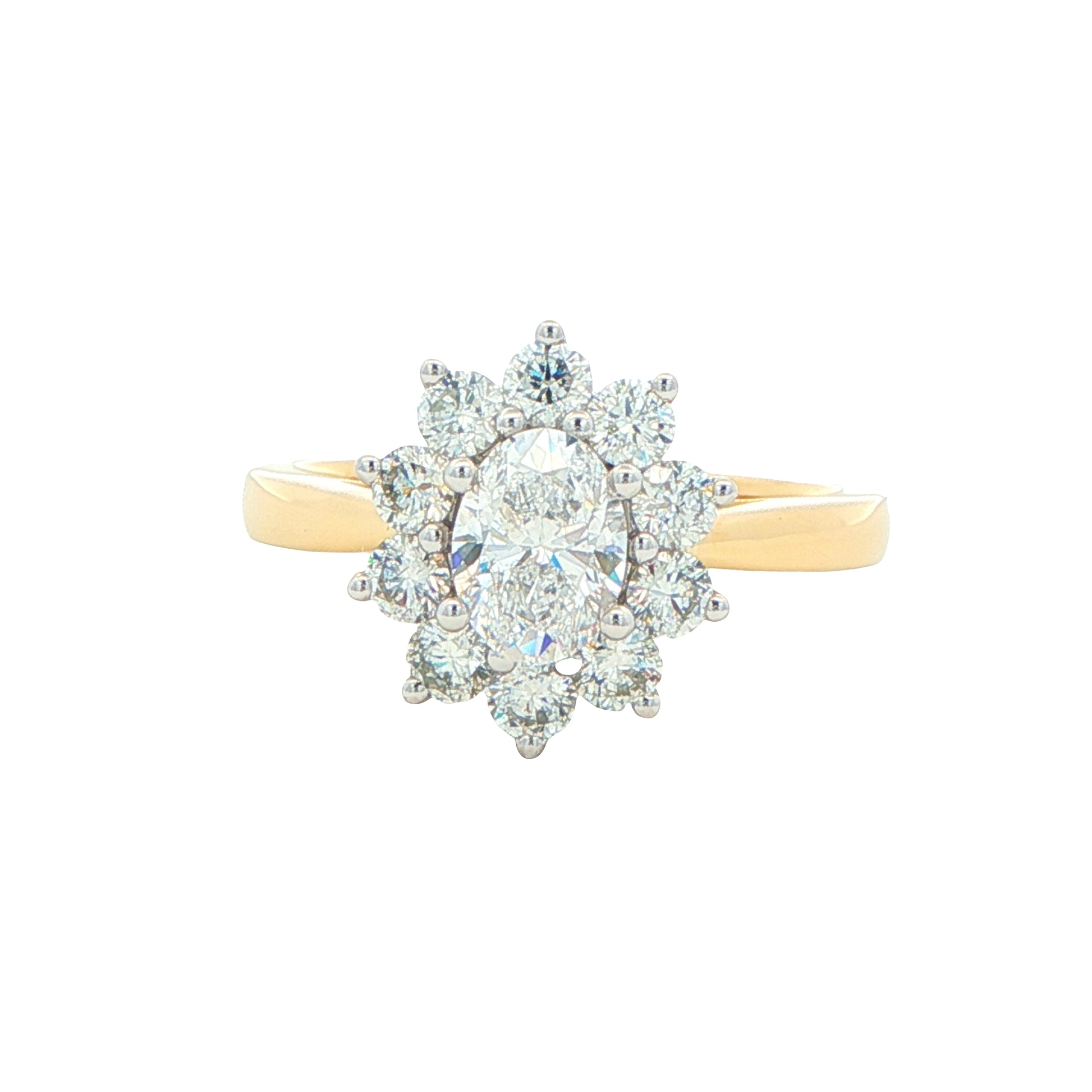 Yellow Gold Oval shaped diamond and 10 round brilliant cut diamond cluster style ring - 1.40ct Gardiner Brothers