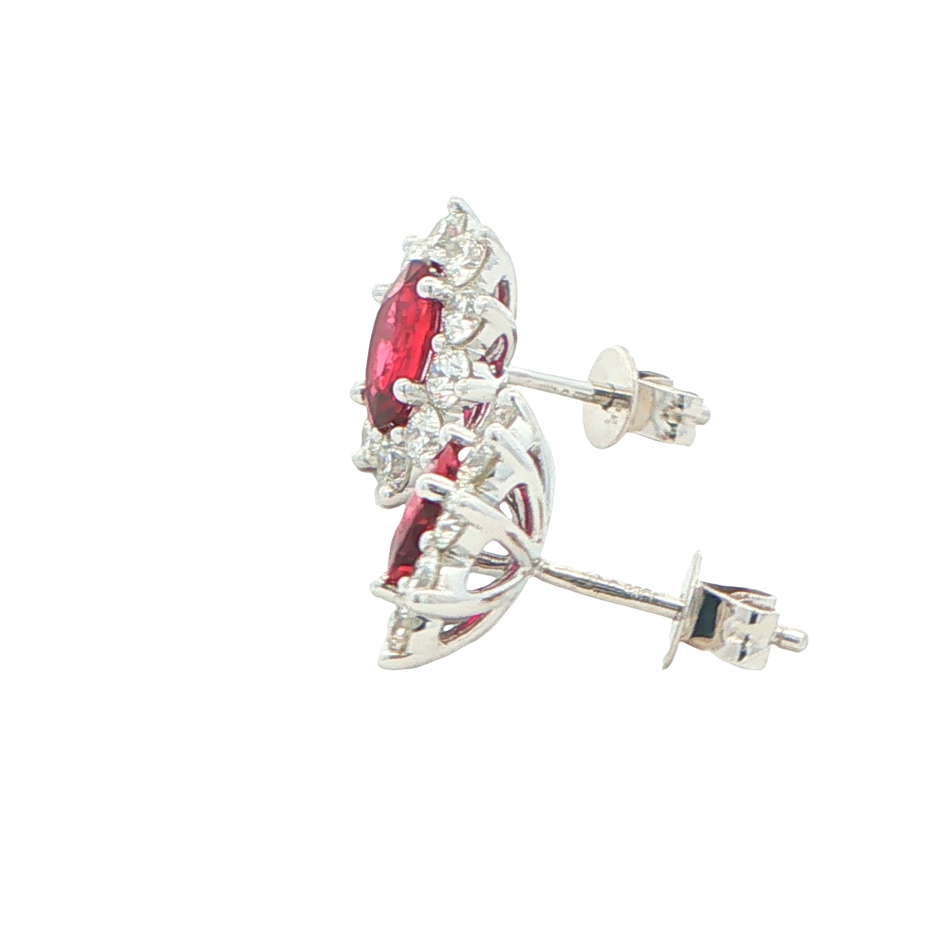 Oval shaped ruby and round brilliant cut diamond cluster style earrings Gardiner Brothers