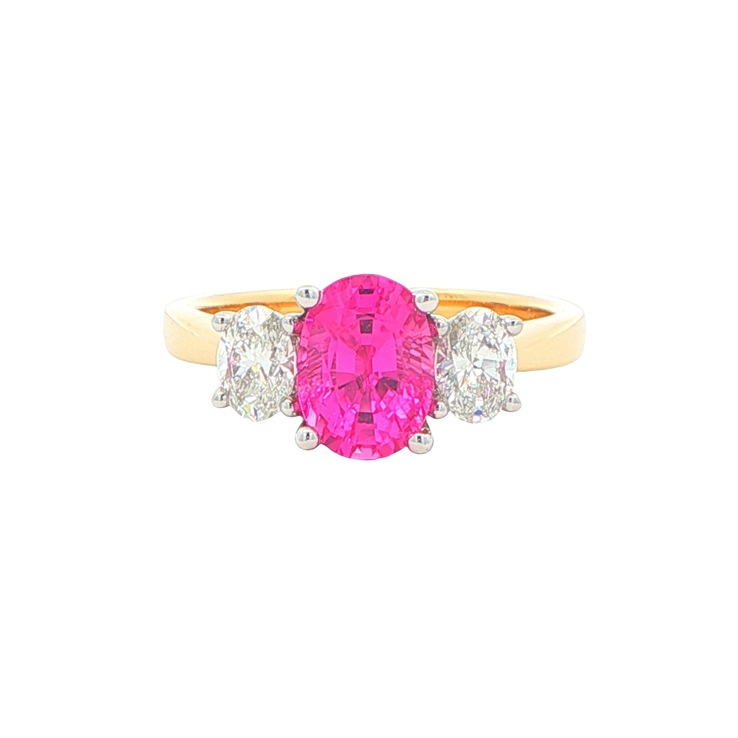 Pink Sapphire and Oval Shaped Diamond 3 Stone Ring Gardiner Brothers