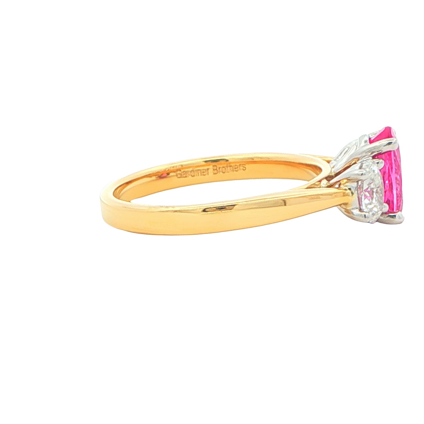 Pink Sapphire and Oval Shaped Diamond 3 Stone Ring Gardiner Brothers