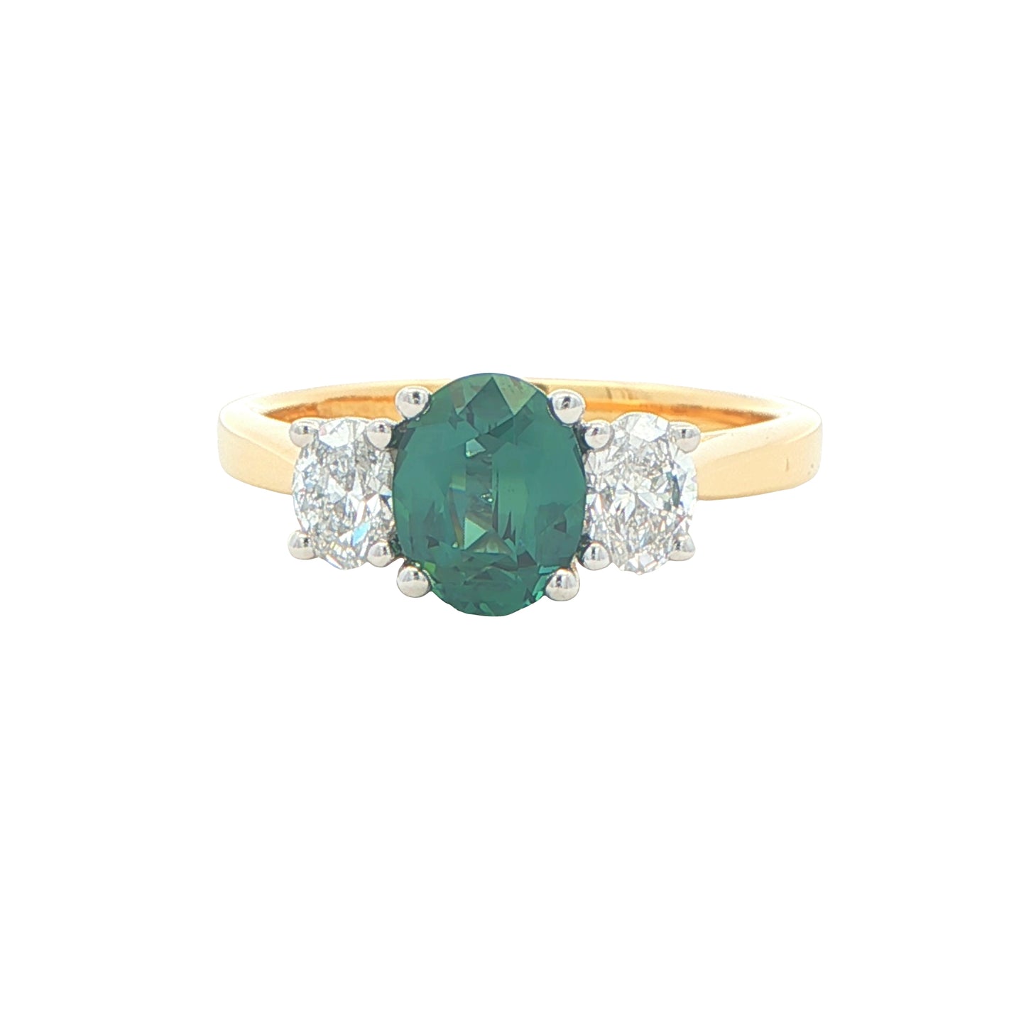 Teal Sapphire and oval shaped diamond 3 stone ring Gardiner Brothers