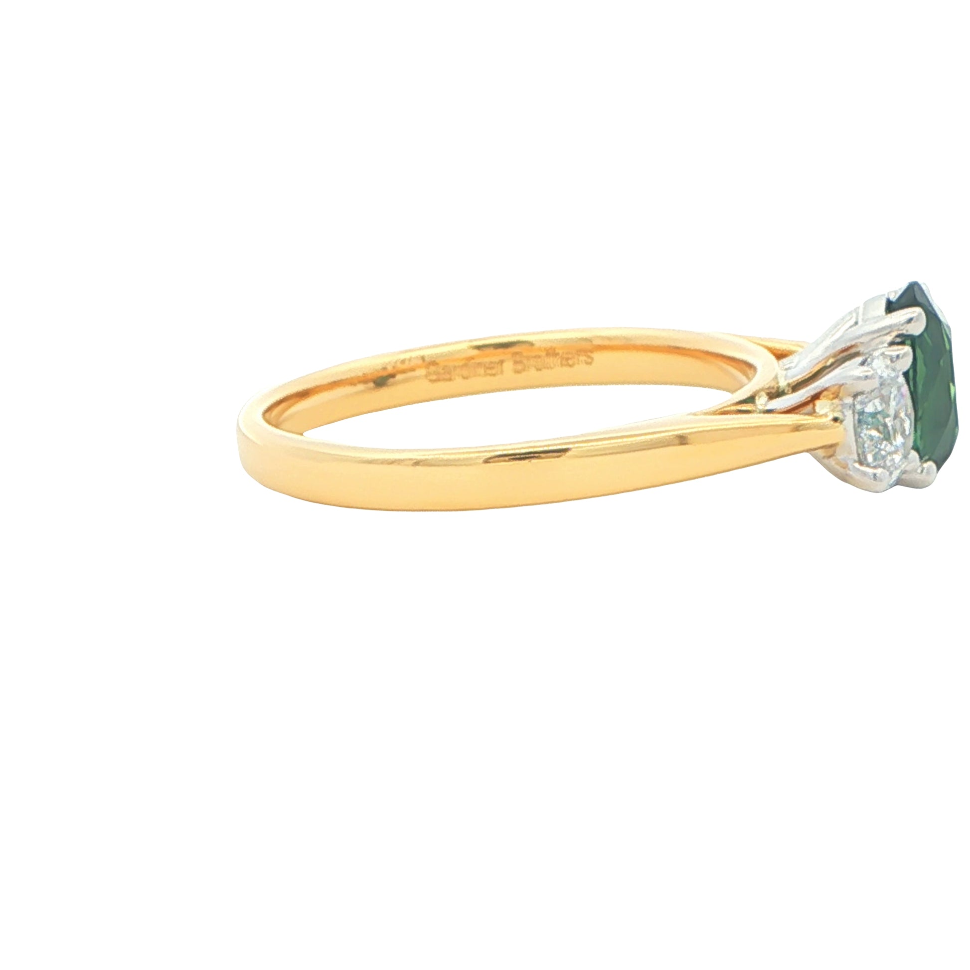 Teal Sapphire and oval shaped diamond 3 stone ring Gardiner Brothers