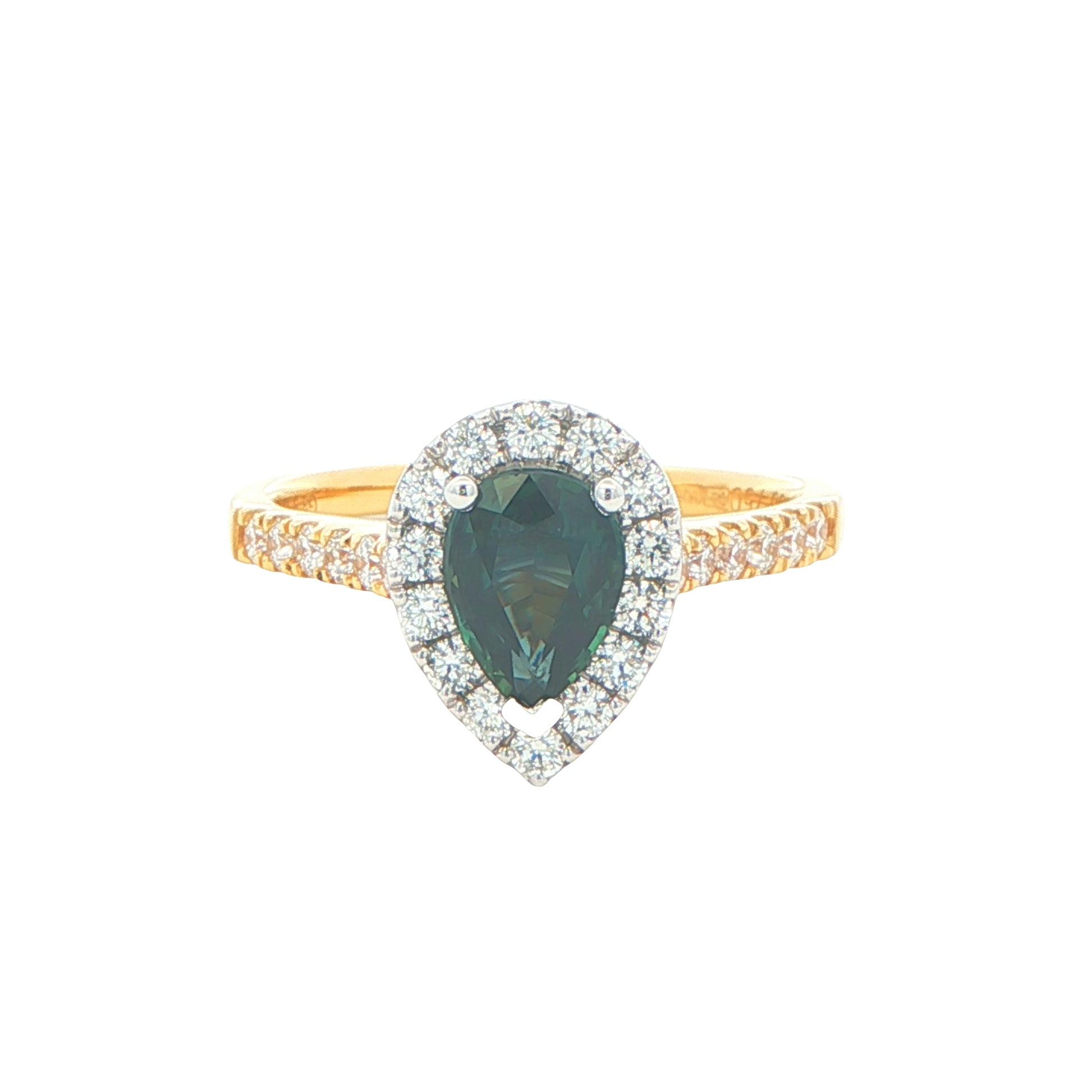 Pear Shaped Teal Sapphire and Round Brilliant Cut Diamond Halo Style Ring Gardiner Brothers
