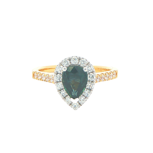 Pear Shaped Teal Sapphire and Round Brilliant Cut Diamond Halo Style Ring Gardiner Brothers