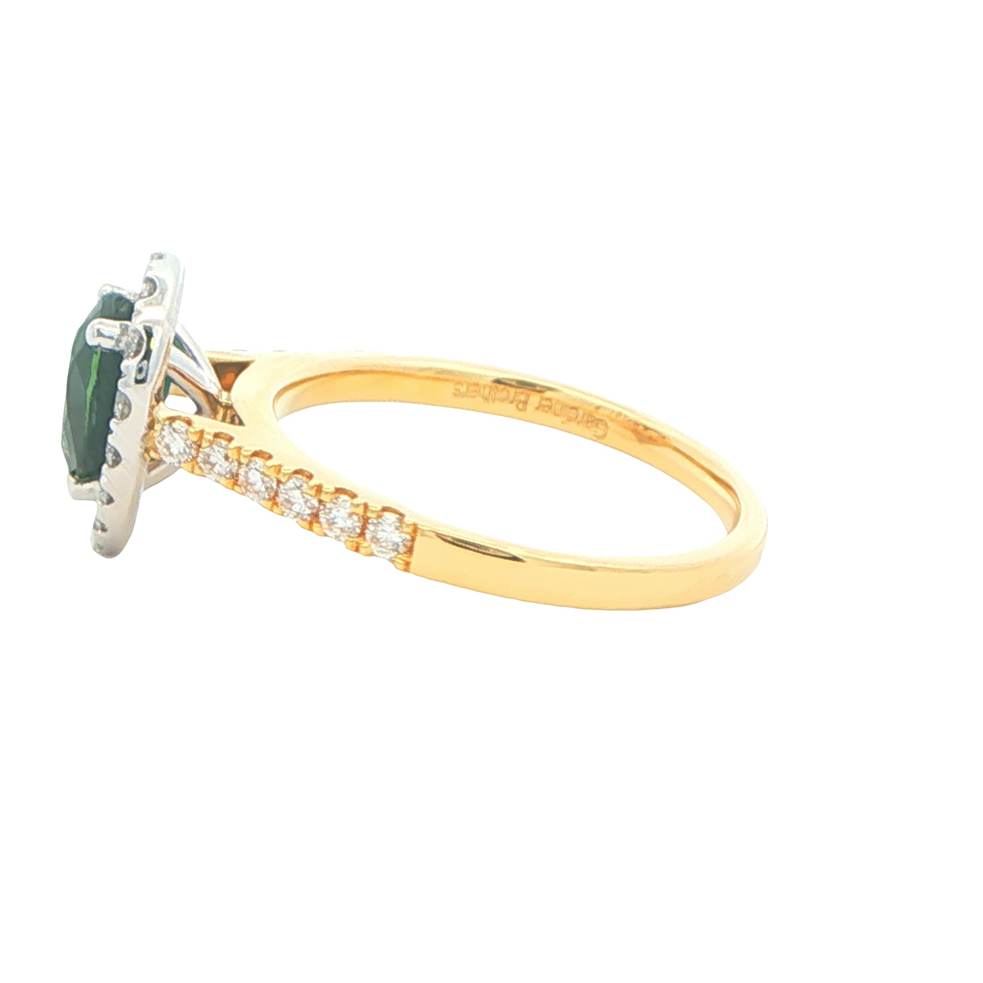 Pear Shaped Teal Sapphire and Round Brilliant Cut Diamond Halo Style Ring Gardiner Brothers