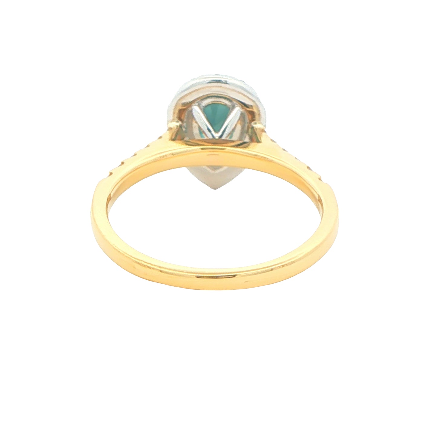 Pear Shaped Teal Sapphire and Round Brilliant Cut Diamond Halo Style Ring Gardiner Brothers