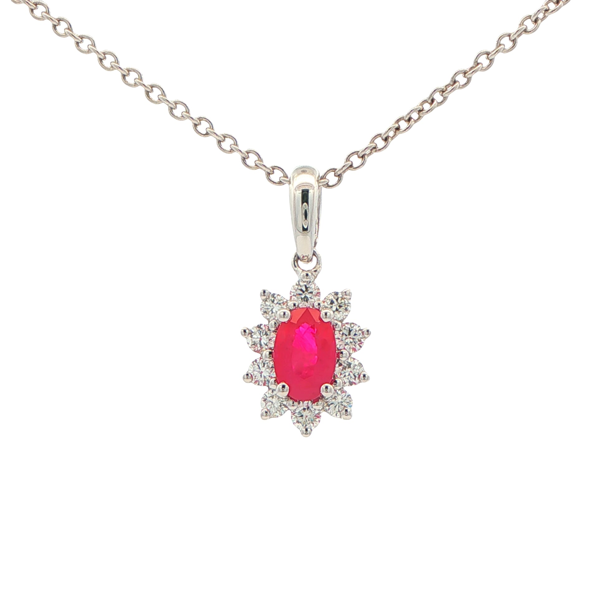 Ruby and round brilliant cut diamond cluster style pendant Gardiner Brothers