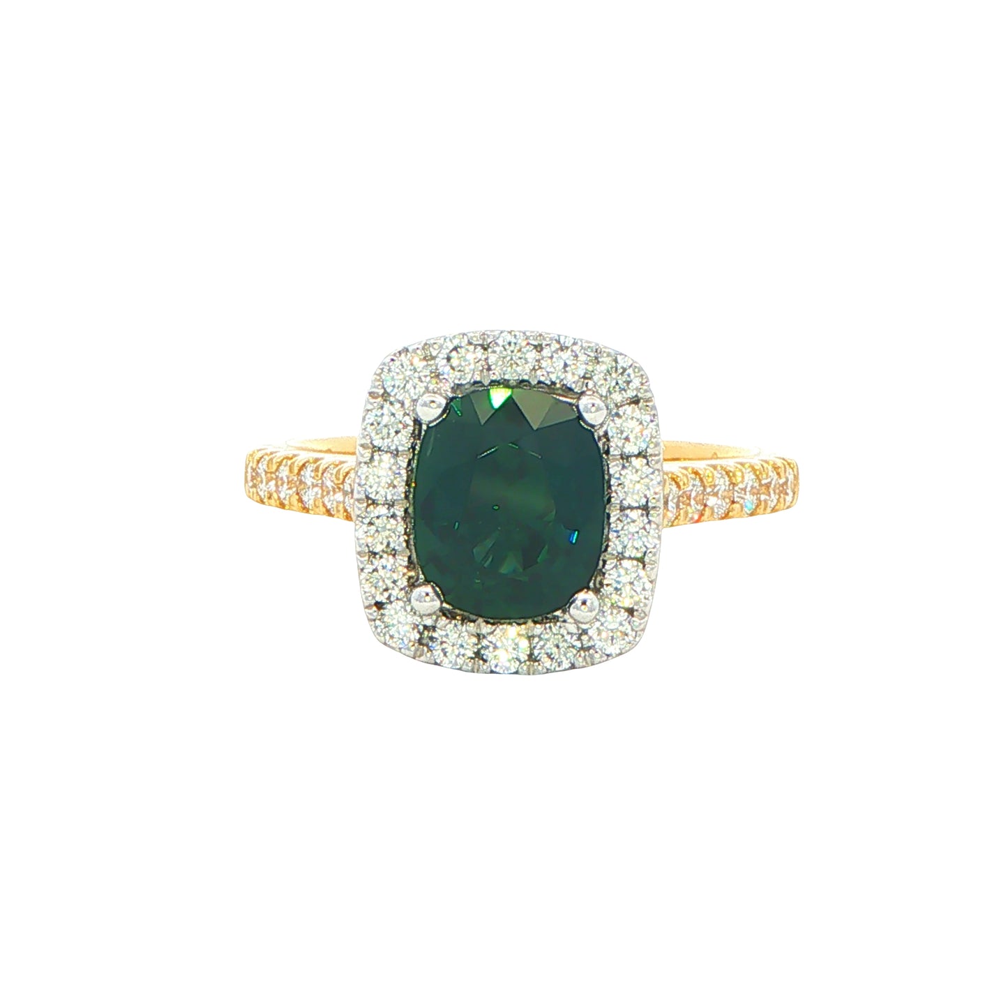 Cushion Shaped Teal Sapphire and Diamond Halo Style Ring Gardiner Brothers