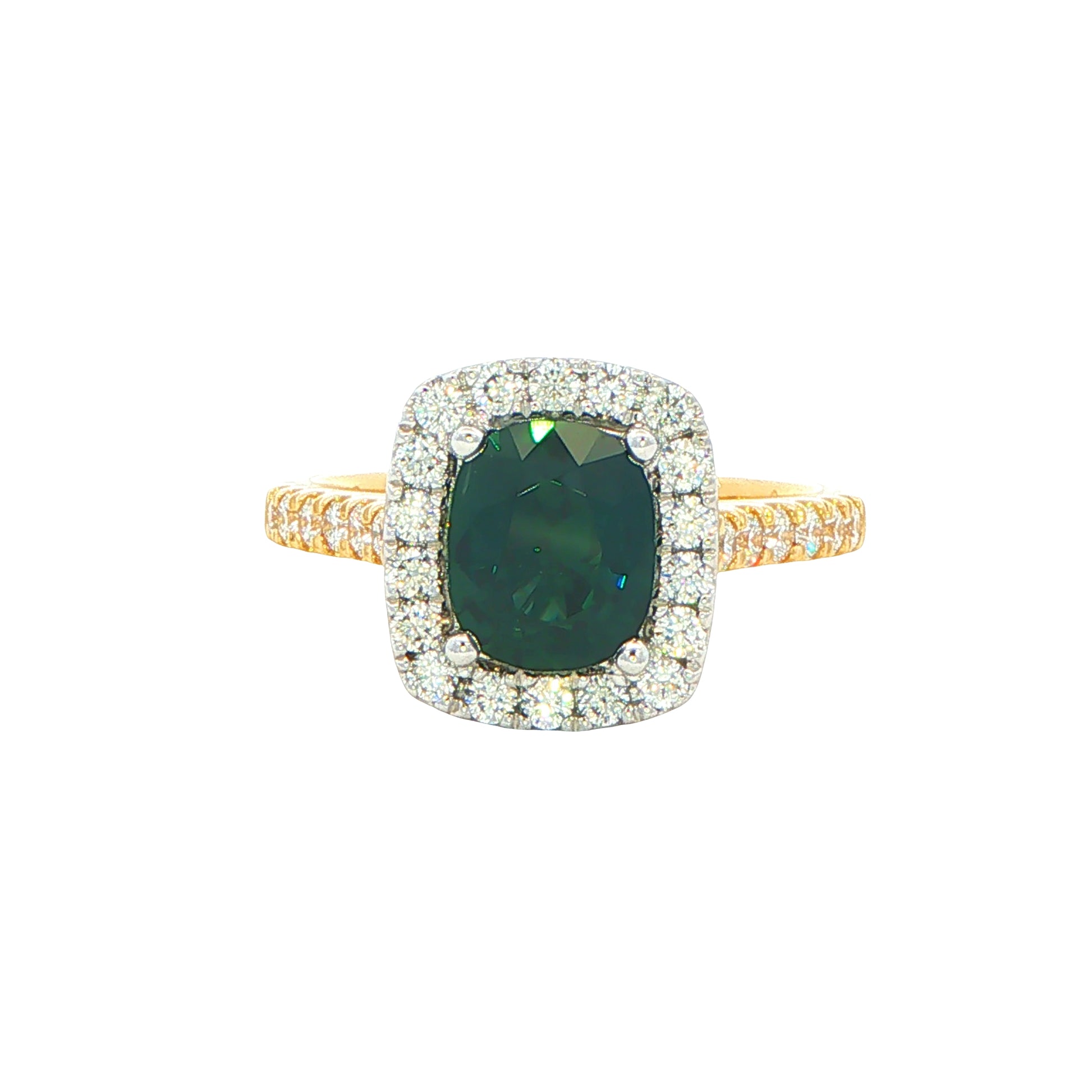 Cushion Shaped Teal Sapphire and Diamond Halo Style Ring Gardiner Brothers