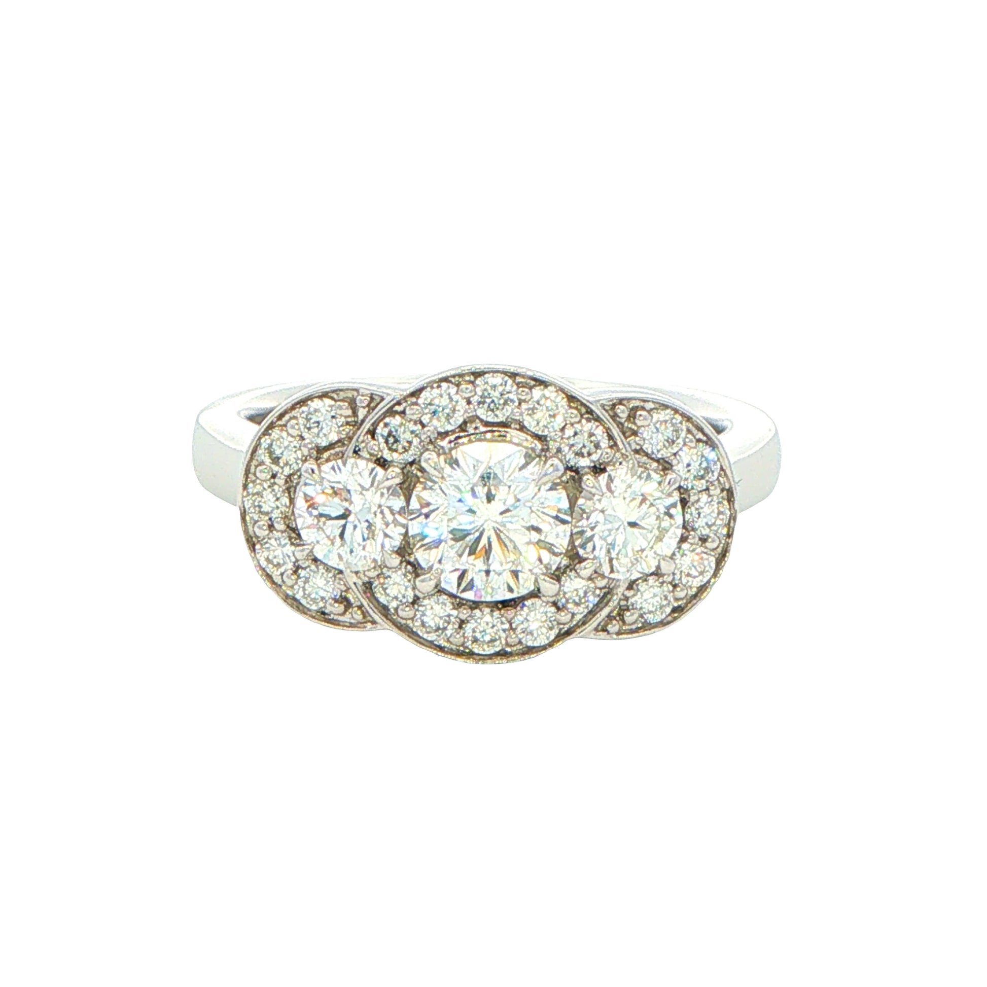 Platinum Aurora Cut Diamond 3 Stone Halo Style Ring - 1.20cts Gardiner Brothers
