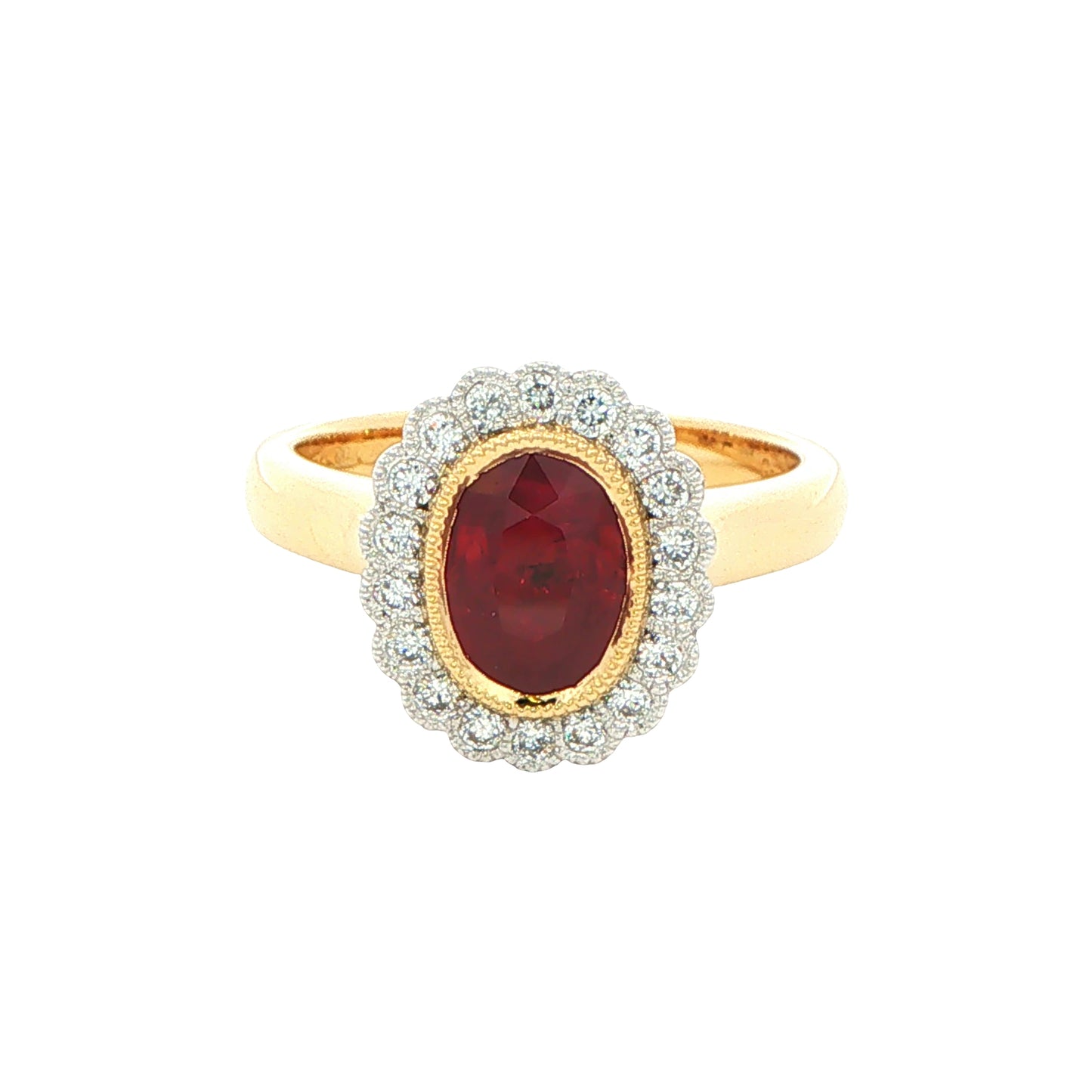 Oval ruby and round brilliant cut diamond vintage style cluster ring Gardiner Brothers