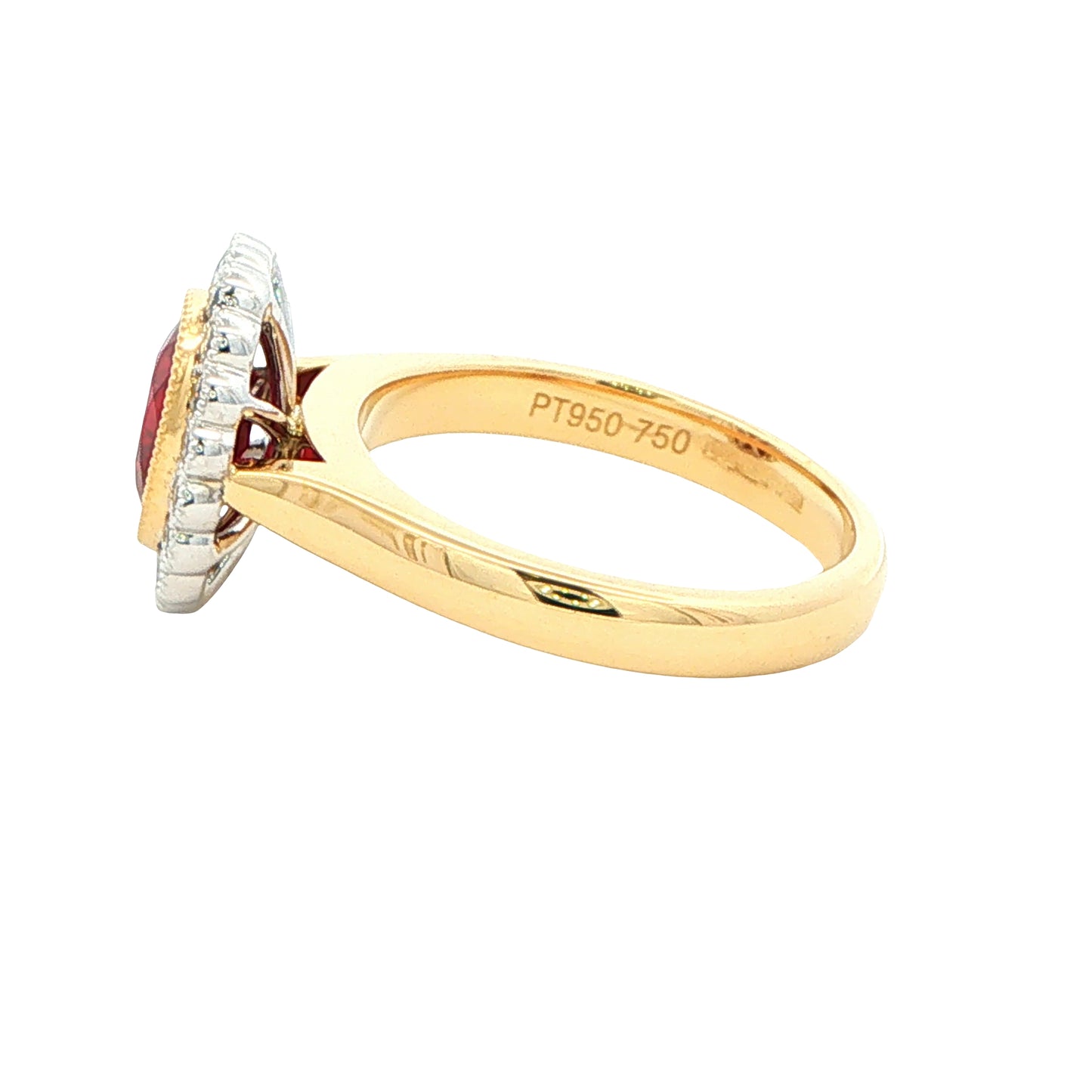 Oval ruby and round brilliant cut diamond vintage style cluster ring Gardiner Brothers
