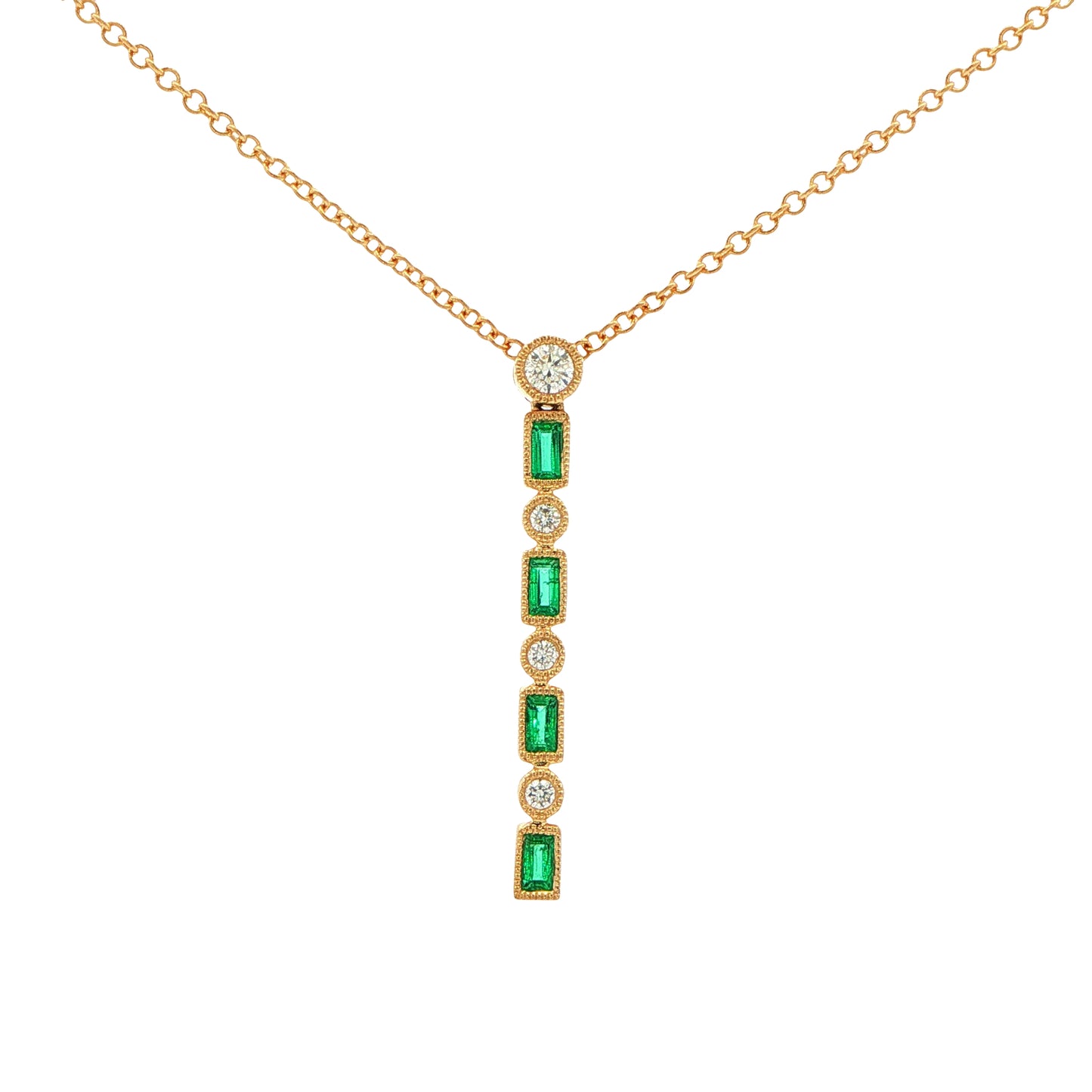 Baguette Cut Emerald and Diamond Vintage Style Drop Pendant Gardiner Brothers