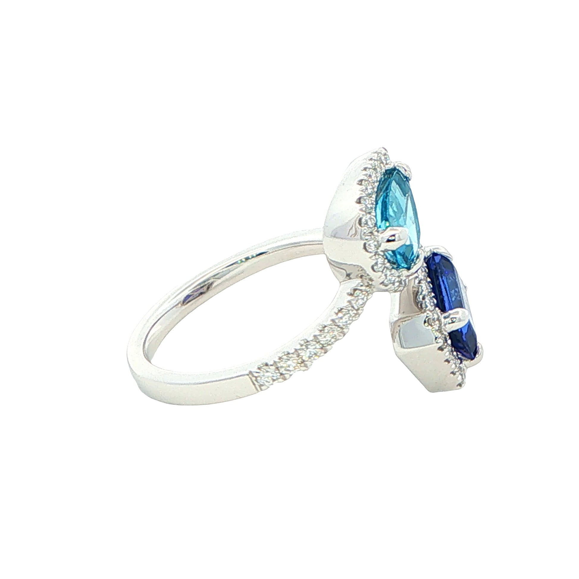 Tanzanite and Swiss Blue Topaz Halo Style 2 Stone Ring Gardiner Brothers