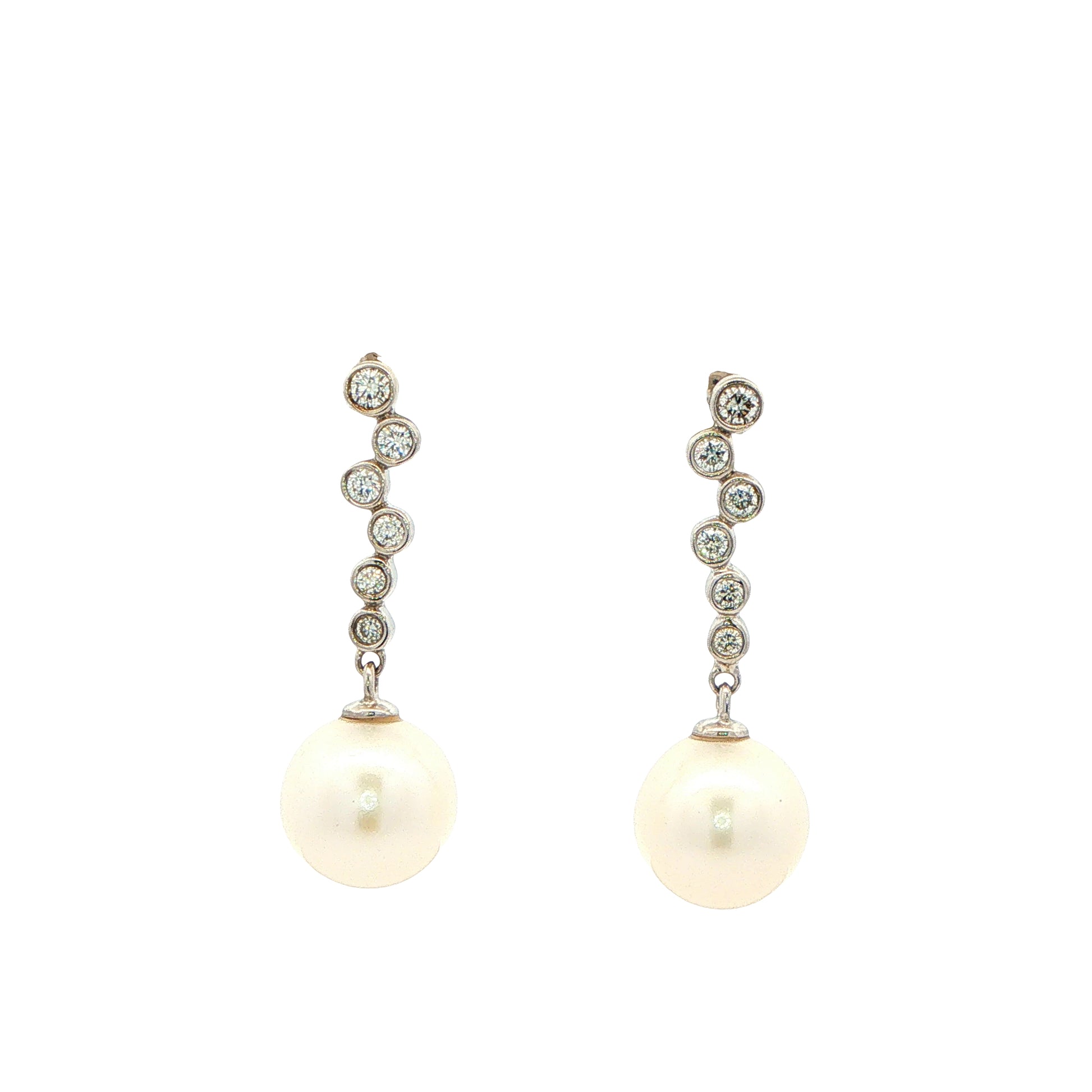 White Gold Pearl and Rub Over Diamond Drop Earrings Gardiner Brothers