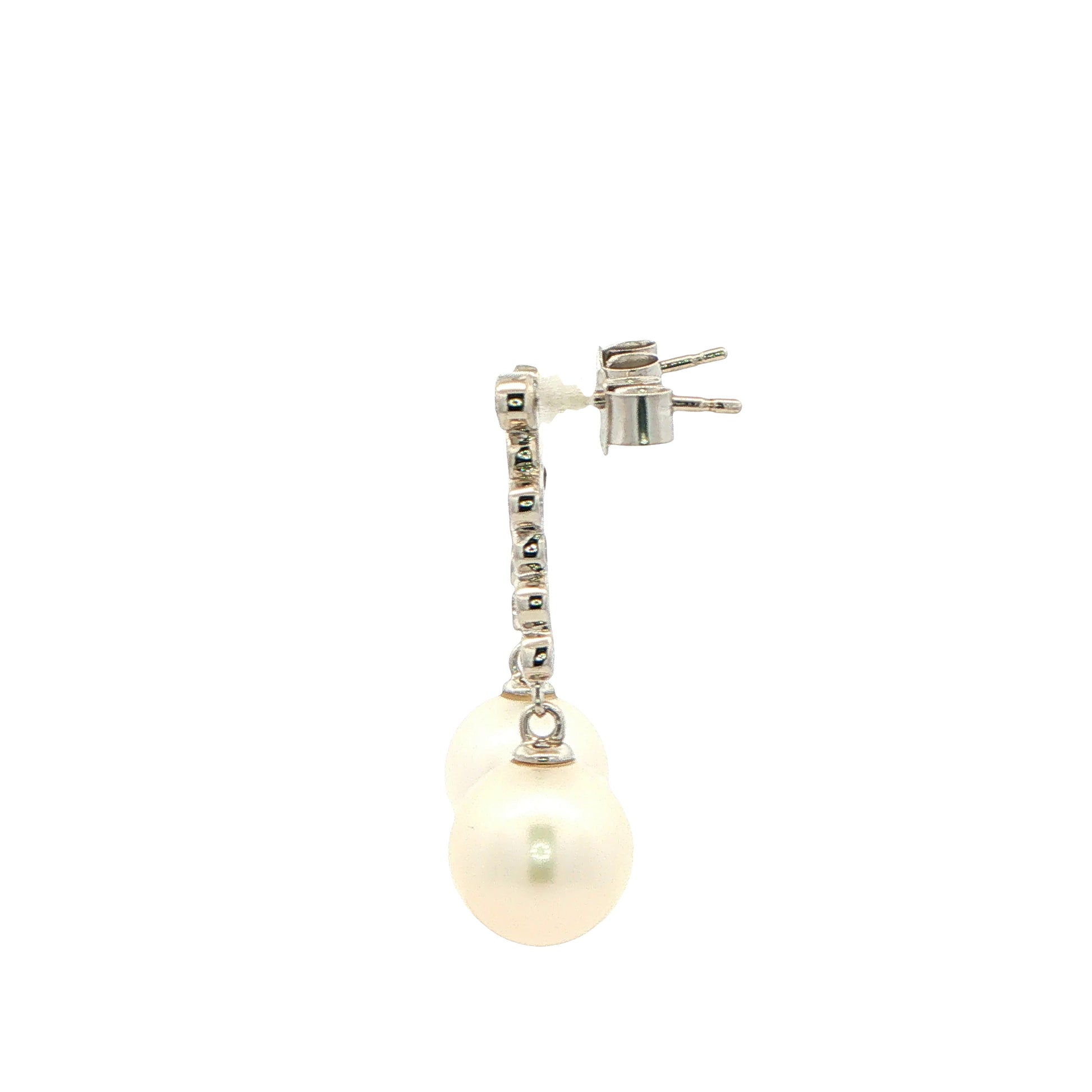 White Gold Pearl and Rub Over Diamond Drop Earrings Gardiner Brothers
