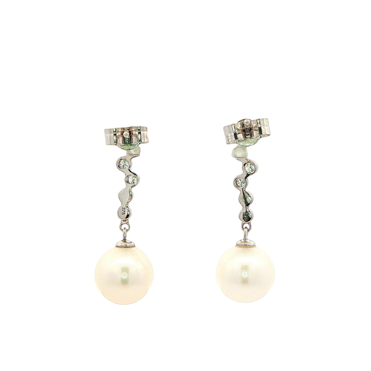 White Gold Pearl and Rub Over Diamond Drop Earrings Gardiner Brothers