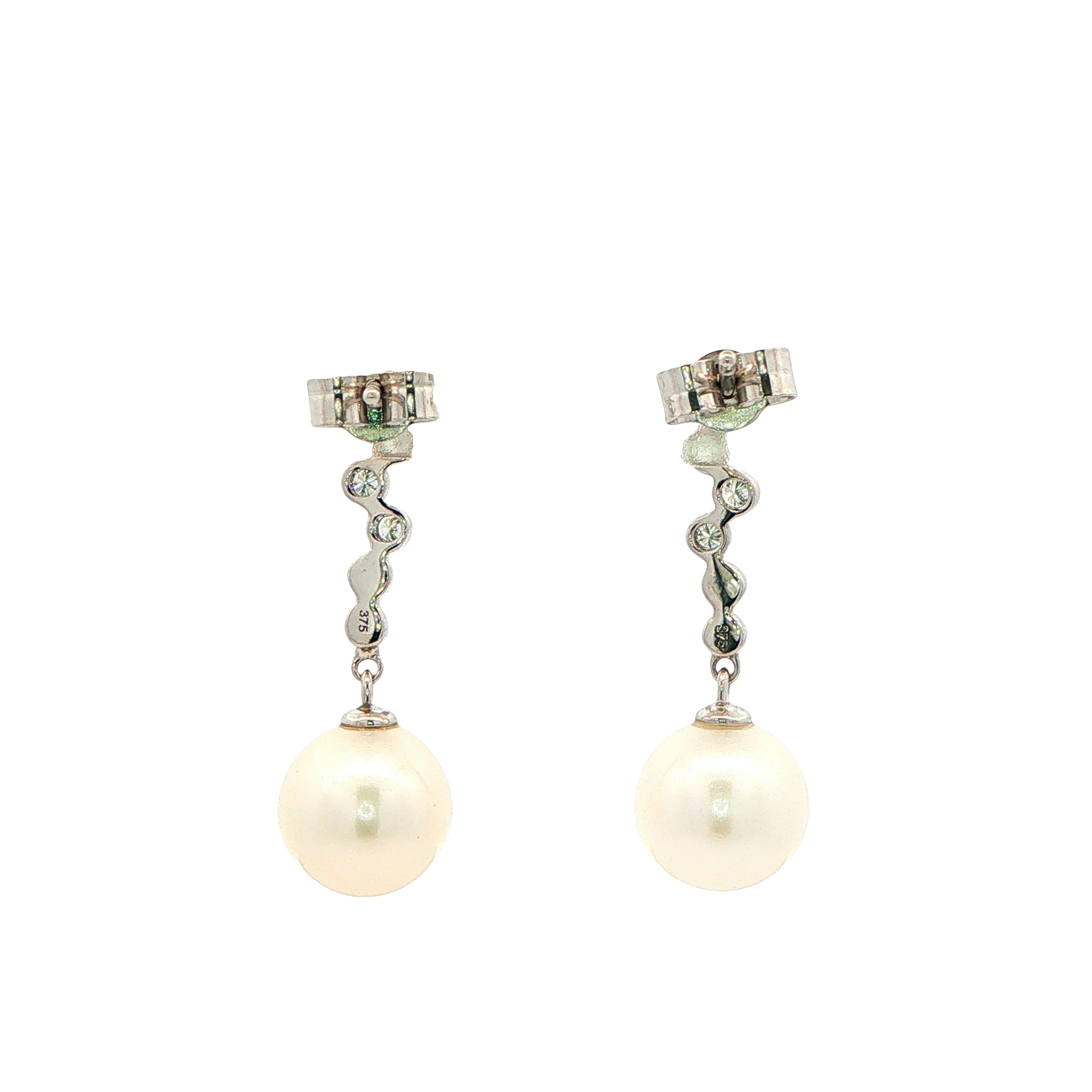 White Gold Pearl and Rub Over Diamond Drop Earrings Gardiner Brothers