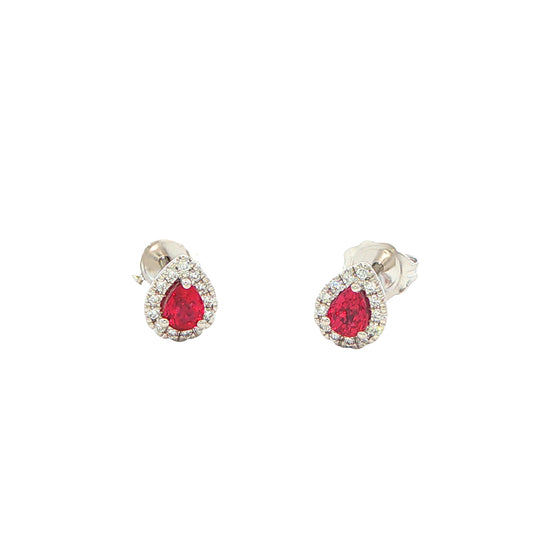 Pear Shaped Ruby and Diamond Halo Style Earrings