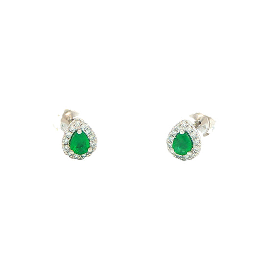 Pear Shaped Emerald and Diamond Halo Style Earrings