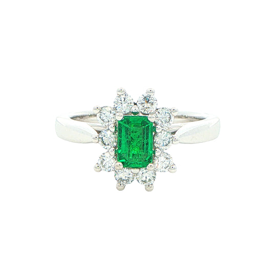 Octagonal shaped emerald and round brilliant cut diamond cluster style ring