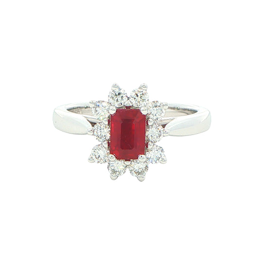 Octagonal shaped ruby and round brilliant cut diamond cluster ring