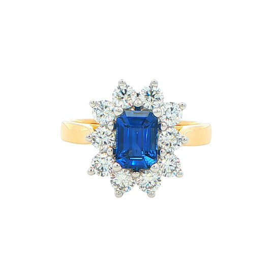 Octagonal Sapphire and round brilliant cut diamond cluster ring