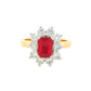 Octagonal shaped ruby and round brilliant cut diamond cluster style ring