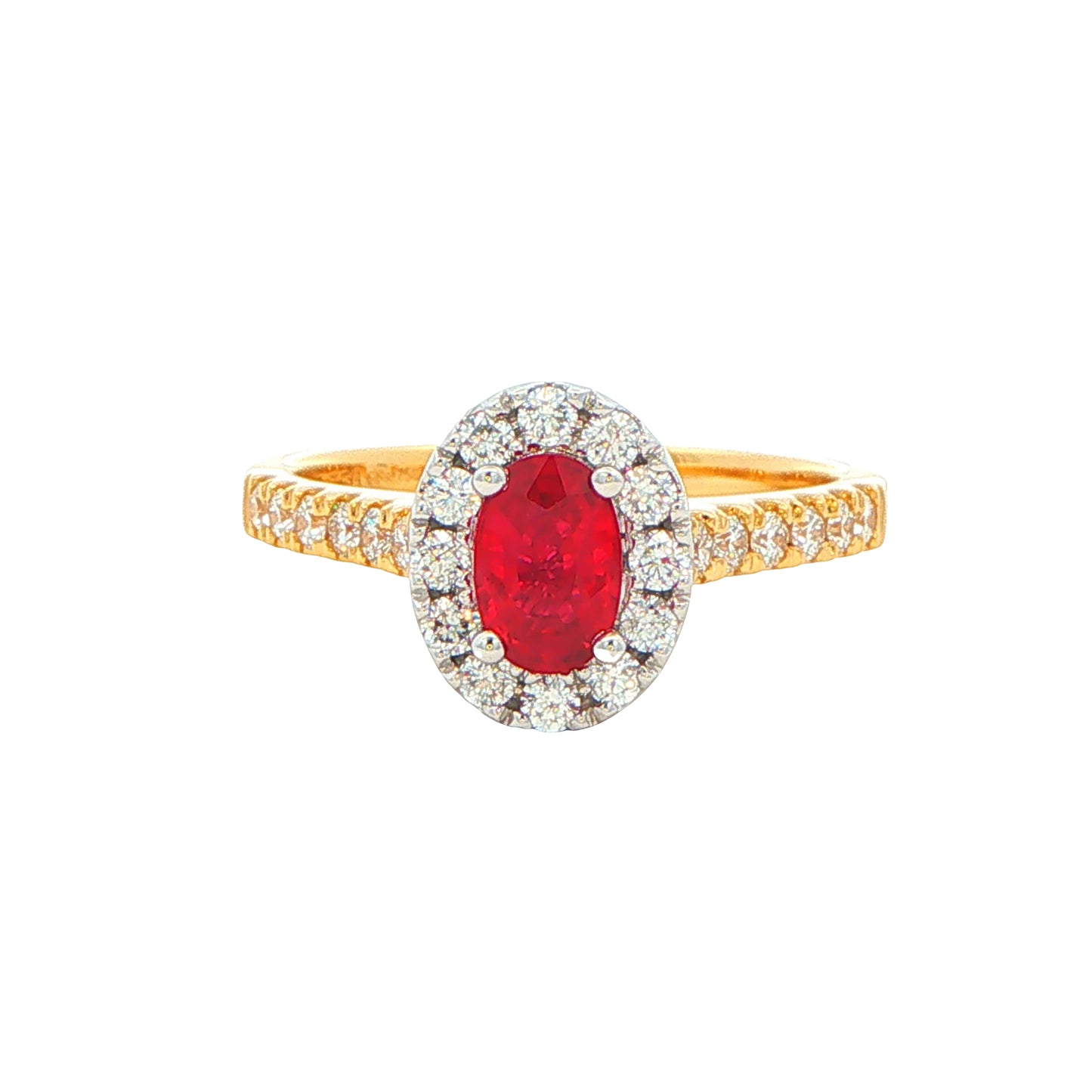 Oval Shaped Ruby and Round Brilliant Cut Diamond Halo Ring