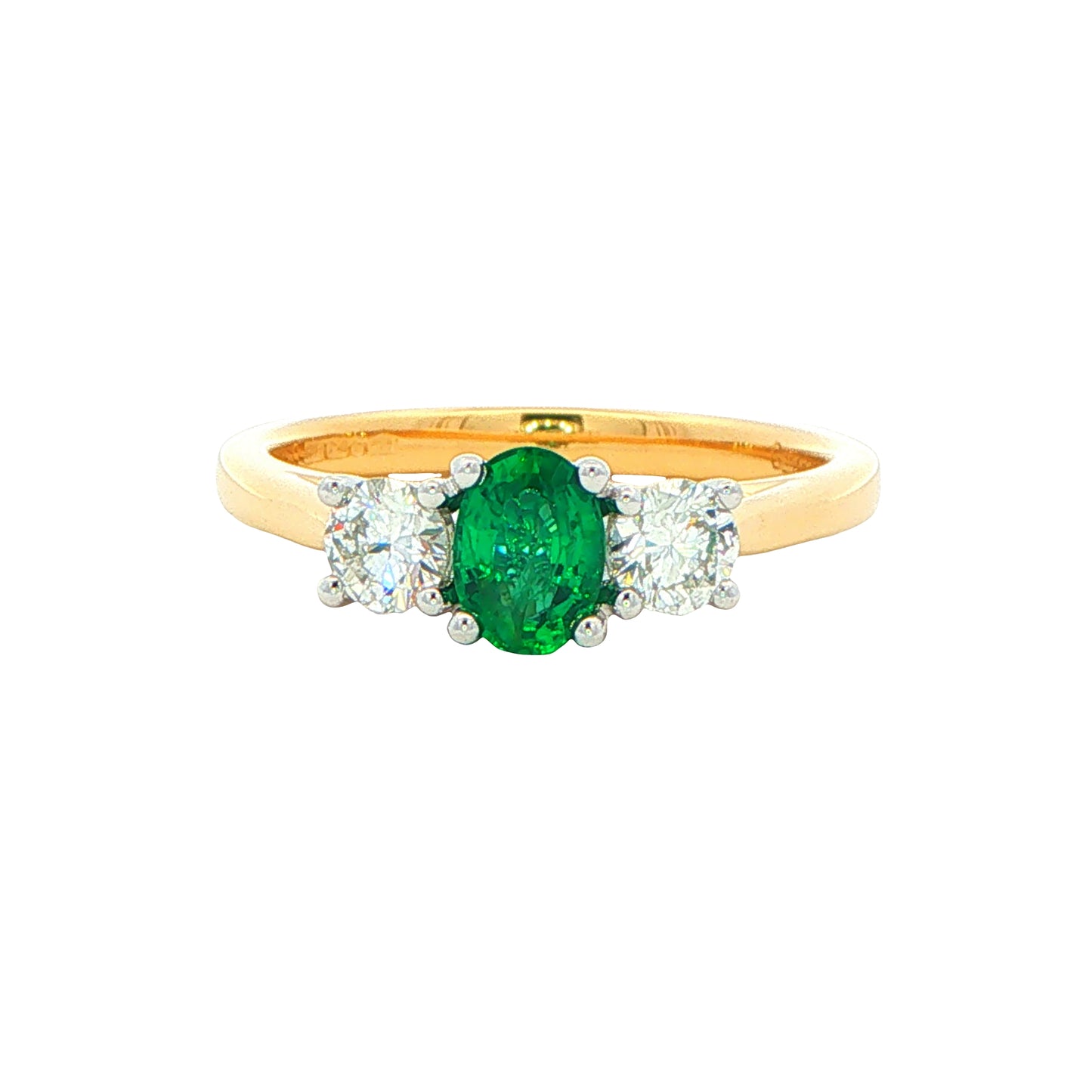 Oval Emerald and round brilliant cut Diamond 3 Stone Ring gardiner-brothers