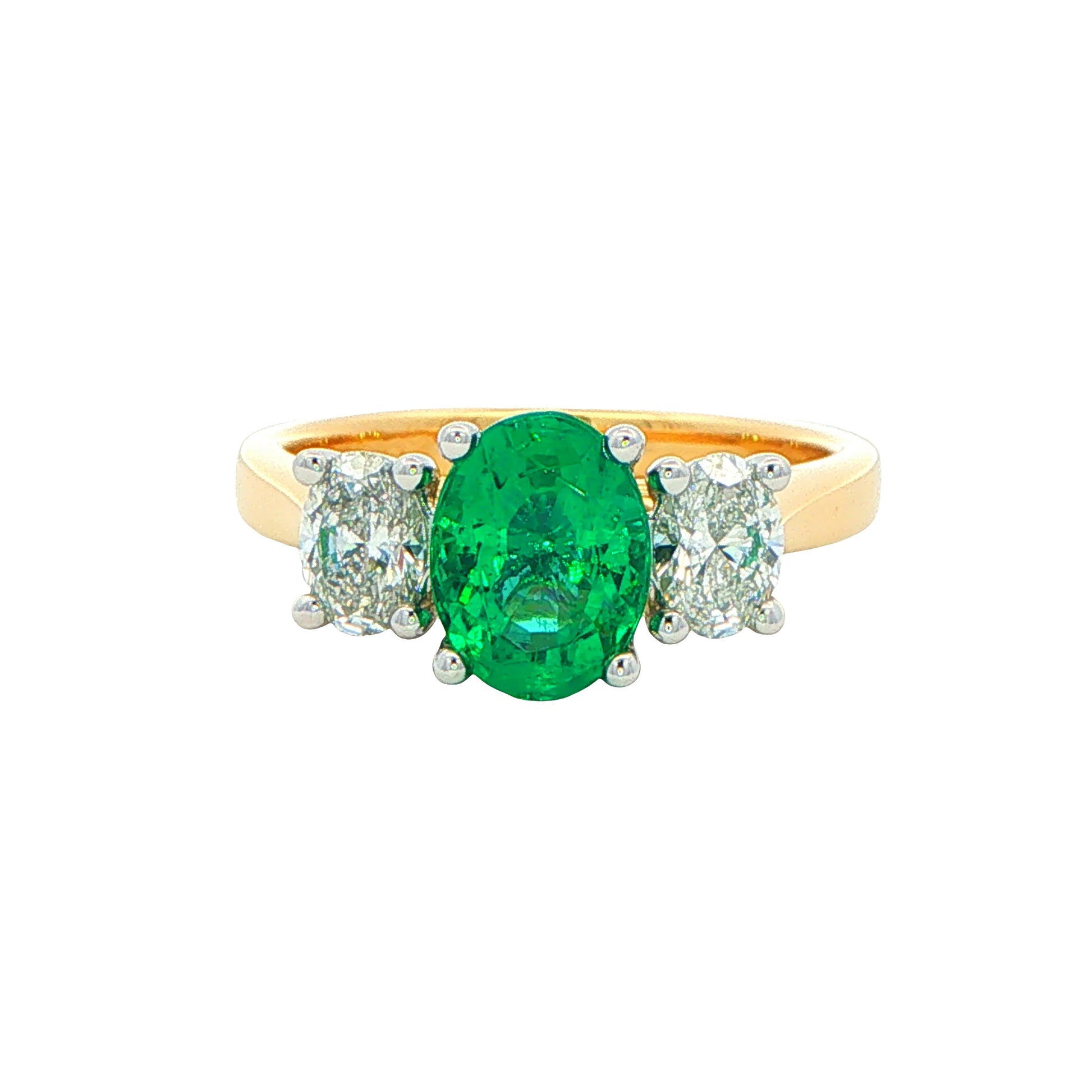 Oval Shaped Emerald and Oval Diamond 3 stone ring Gardiner Brothers