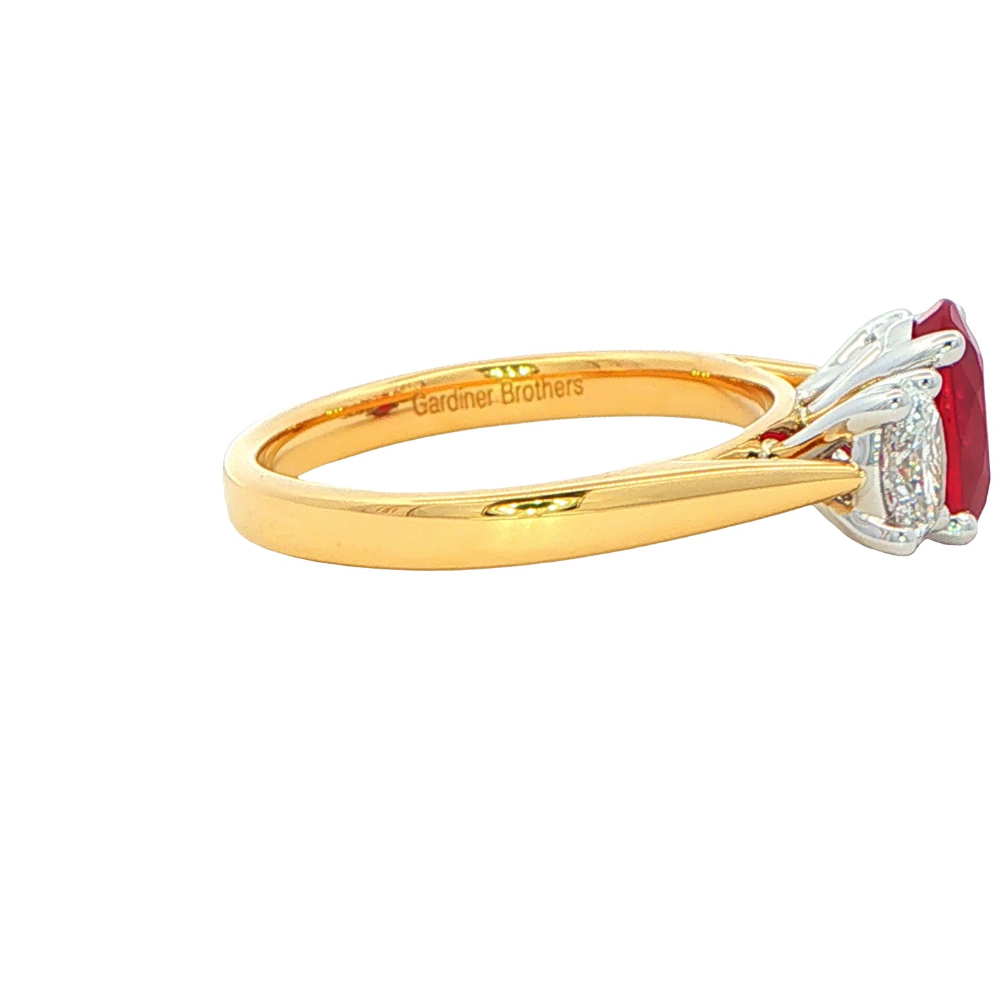 Oval Shaped Ruby and Oval Diamond 3 Stone Ring